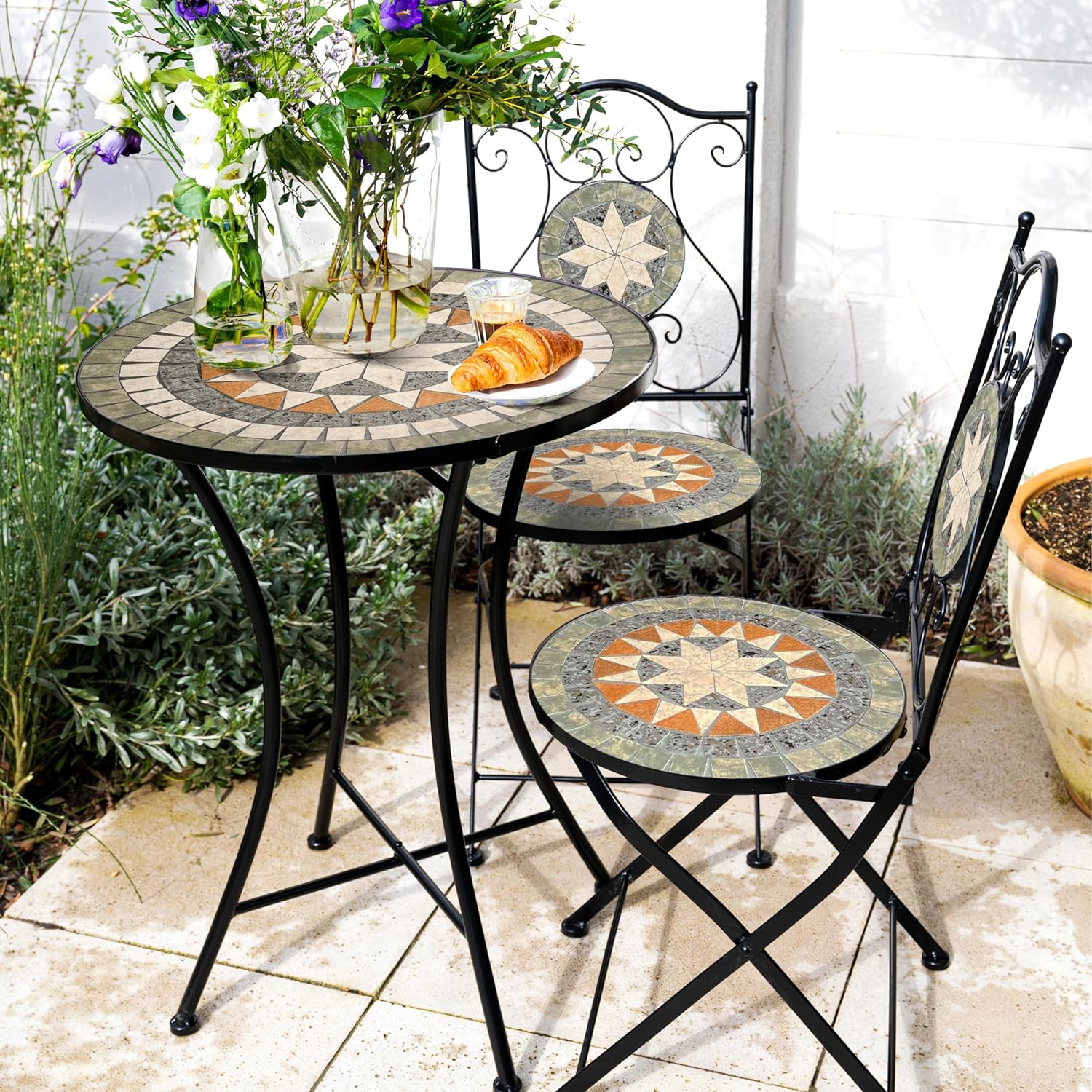 AXI Amélie Bistrot Set, 2 Chairs 1 Table, Balcony Bistro Set, Porch Mosaic Star Grey – Outdoor Bistro Set, Mosaic Bistro Table for Garden/Balcony/Terrace