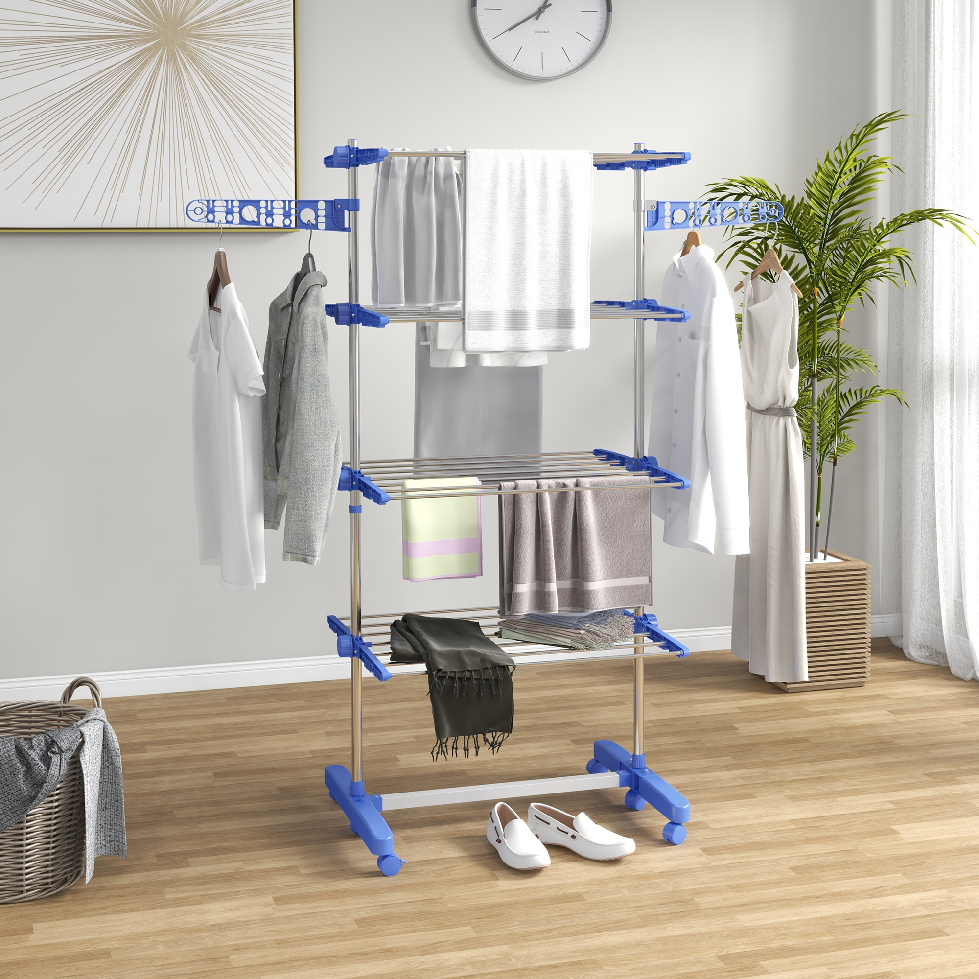 HOMCOM Wäschenständer Wäschetrockner 5 Ebenen, klappbar, One-Klick-System, 142 cm x 55 cm x1 72 cm, Blau + Silber