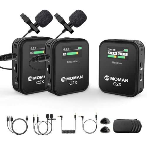 Moman Microfono Lavalier Wireless Professionale, C2X 2.4GHz Microfoni Senza Fili con Schermo TFT per Fotocamera Reflex Videocamera Smartphone Laptop, Microfono Lavalier Wireless Senza Fili : Elettronica