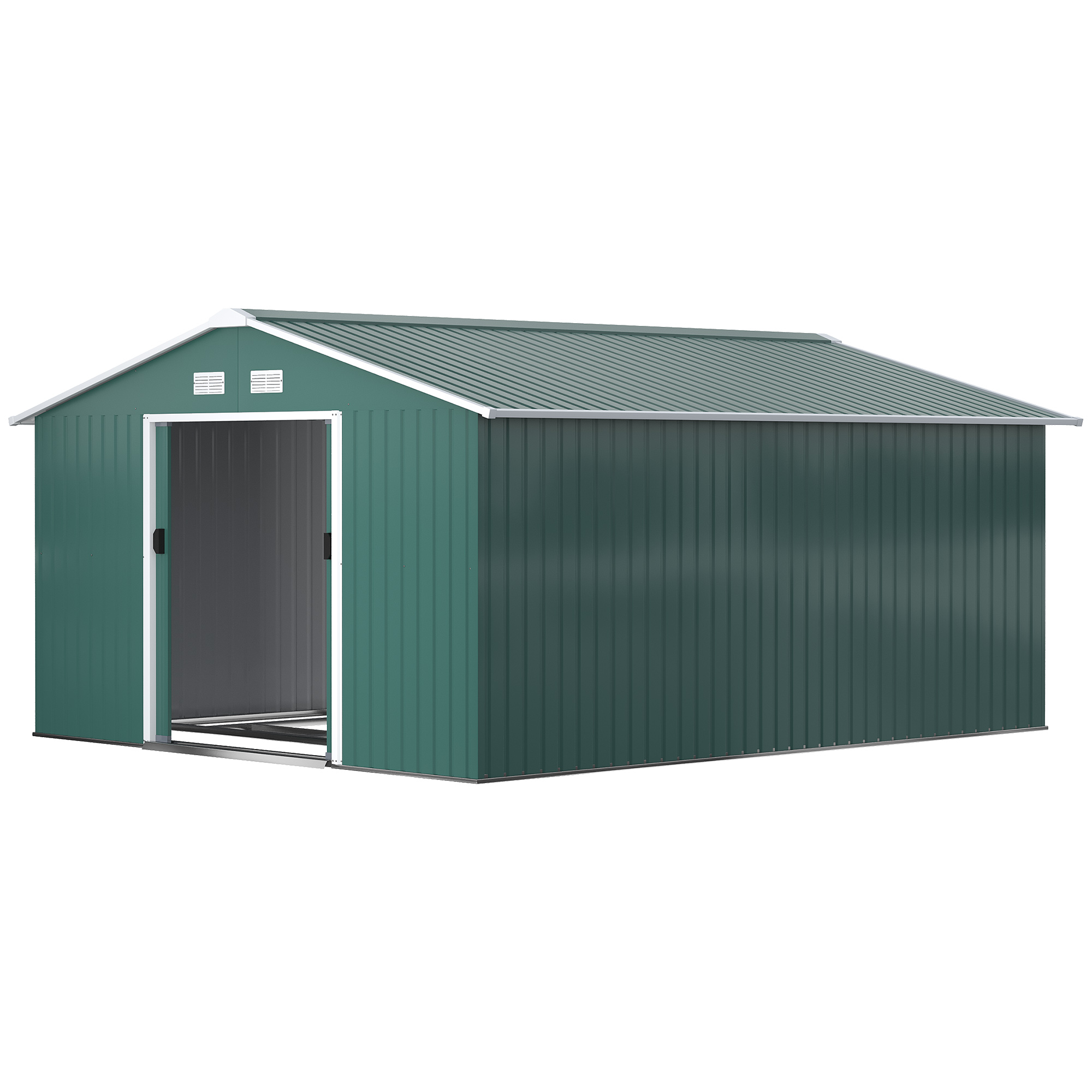 Outsunny Geräteschuppen, Wetterfestes Gartenhaus für Gartengeräte, mit Belüftungsfenstern, Schiebetüren, Stahl, Dunkelgrün