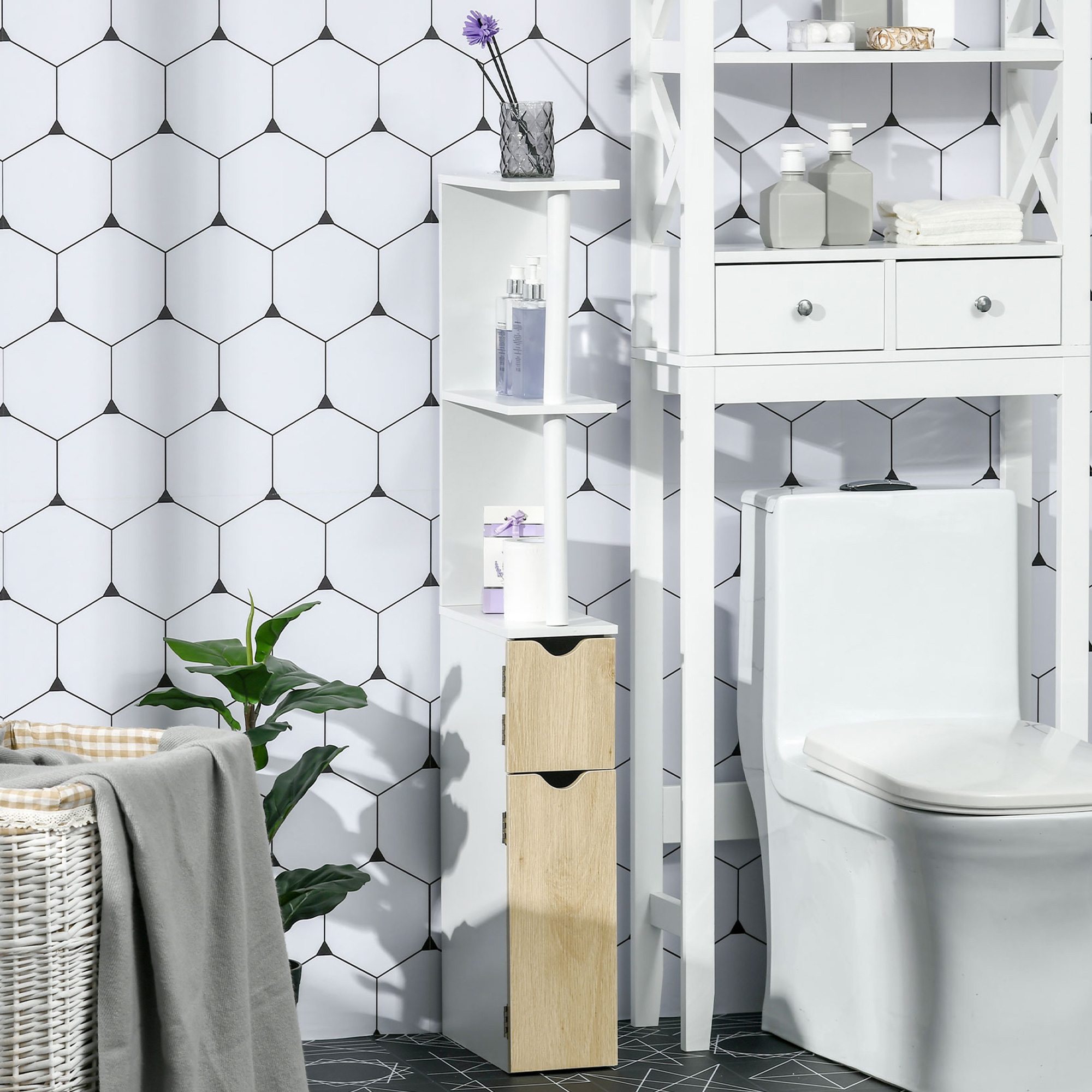 Kleankin Colonna Bagno mit 2 Regalen und 2 Schränken, Hochschränk für Badezimmer 15,2x29,8x118 cm, Weiß und Holzfarben