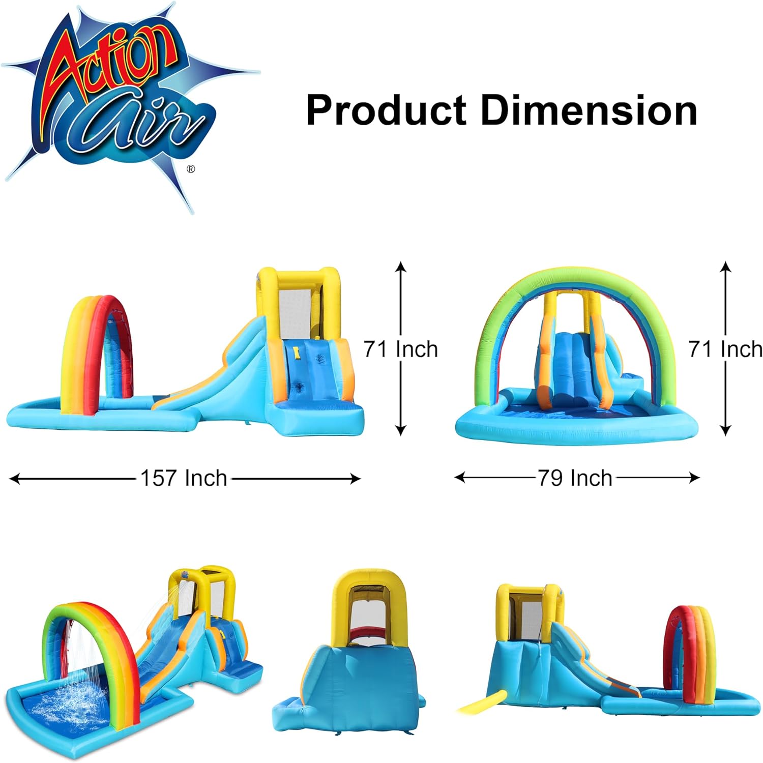 Action Air Kids Inflatable Water Slide & Bounce House with Rainbow Splash Pool, Ages 3 10, Easy Setup