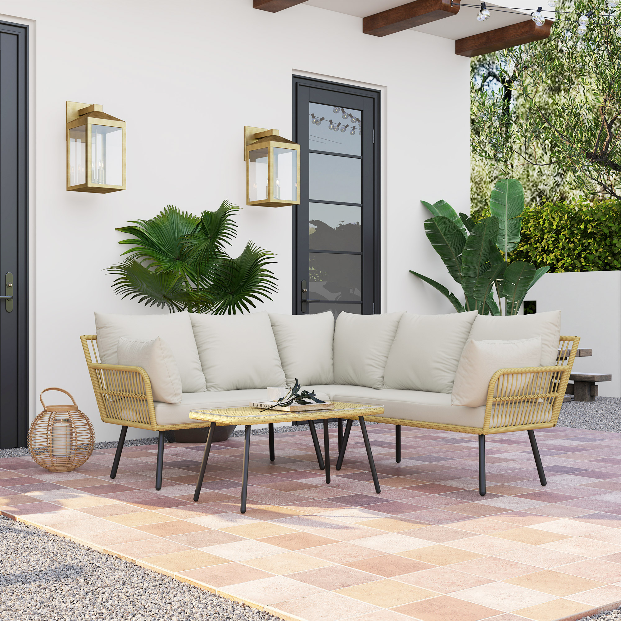 Outsunny Komplette Eckgartenlounge 5-Sitzer aus Poly-Rattan mit Kissen und rechteckigem Glastisch