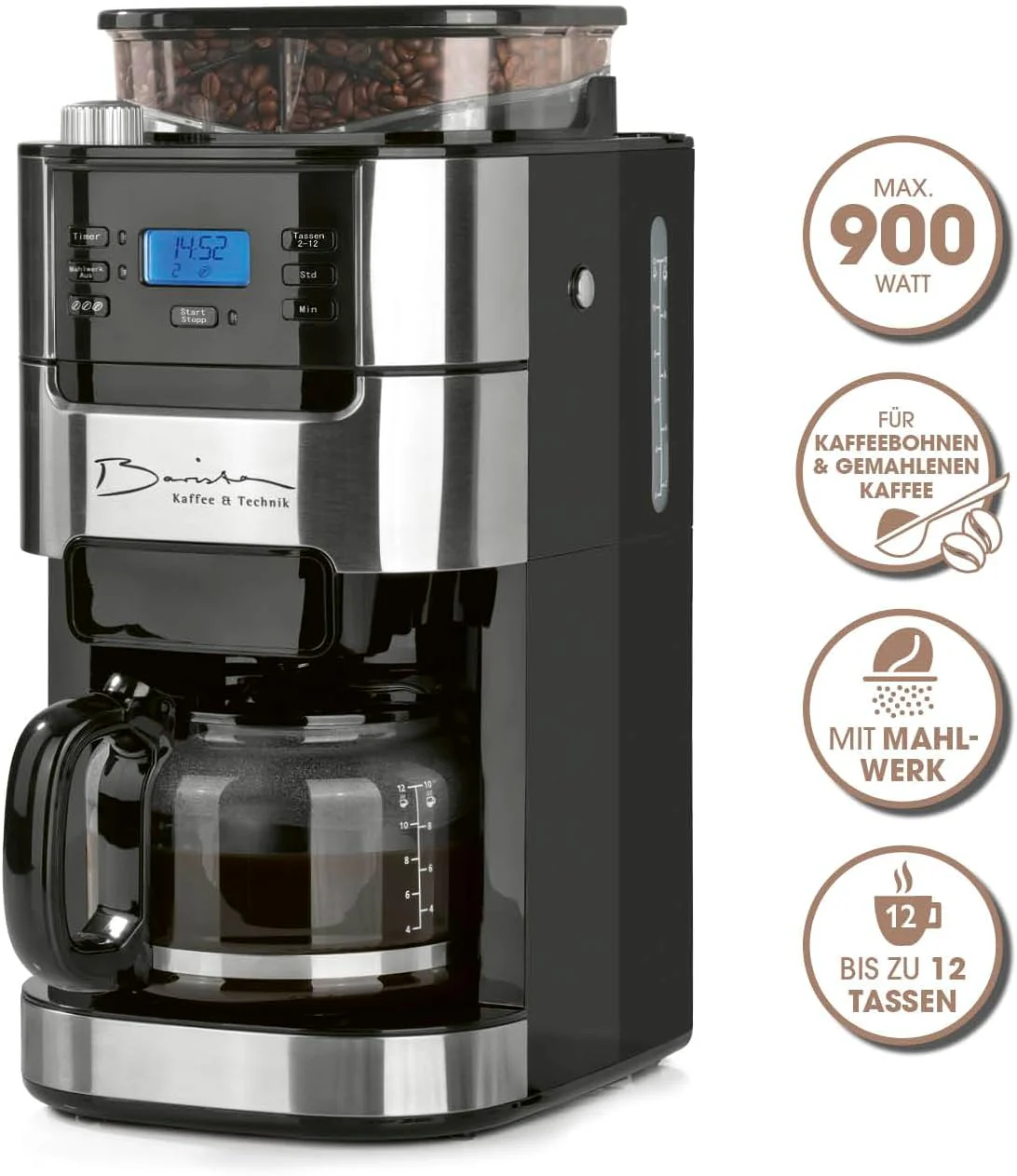 Barista filterkoffiezetapparaat met verstelbare molen & thermoskan | Warmhoudfunctie, 24-uurs timer & permanent filter | Voor 10 koppen koffie | Koffiezetapparaat voor bonen & poeder [roestvrij staal]