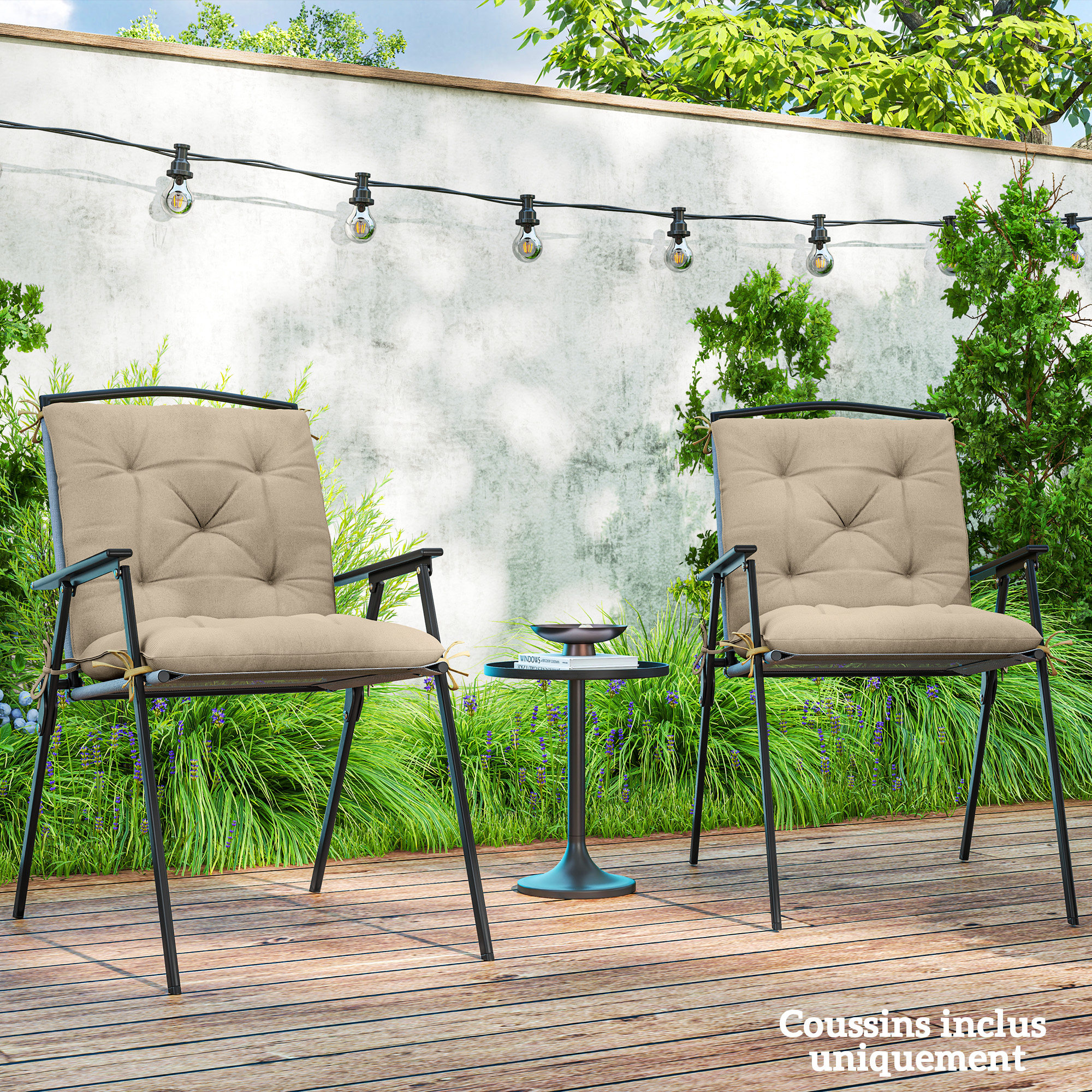 Outsunny Set von 2 Gartenkissen für Stühle im Außenbereich, Stuhlkissen mit Befestigungen, Gartenkissen 98 x 50 x 8 cm beige