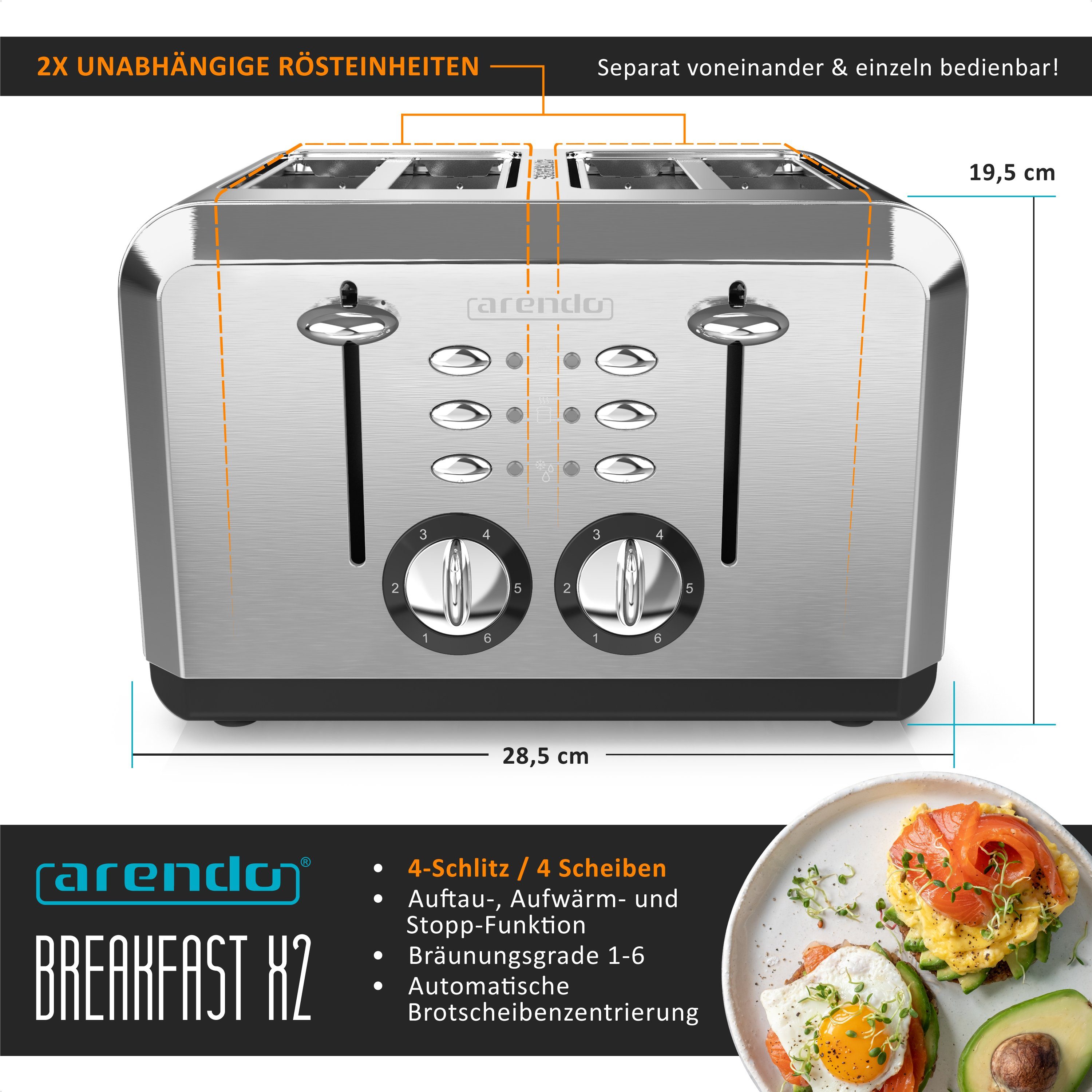 Toaster 4-Scheiben, Edelstahl Automatik, Wärmeisolierendes Doppelwandgehäuse