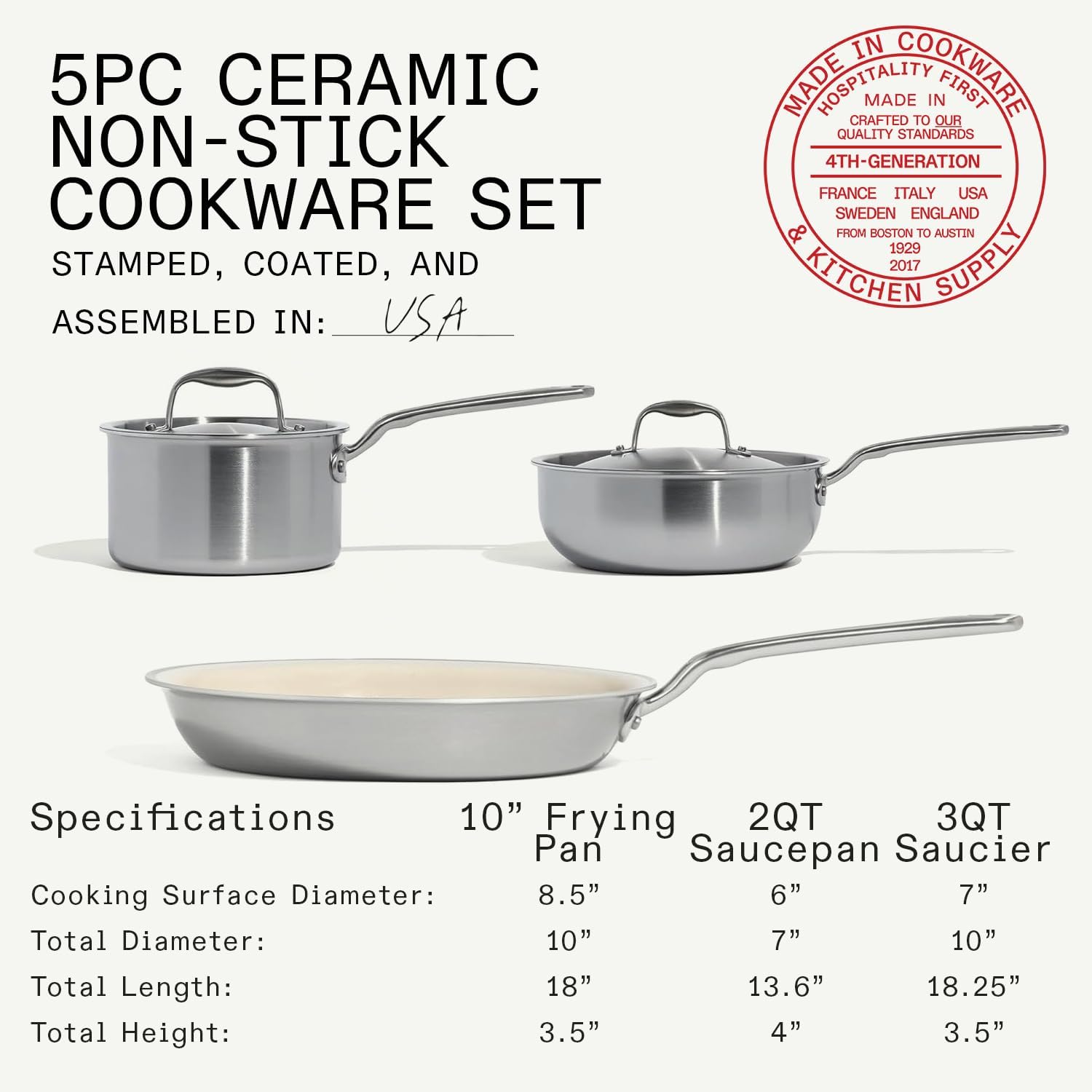 Made In Cookware | 5 Pc Ceramic Non Stick Cookware Set | 5 Ply Clad | Includes Ceramic Non Stick Frying Pan, Saucepan and Saucier with Lid | Professional Cookware