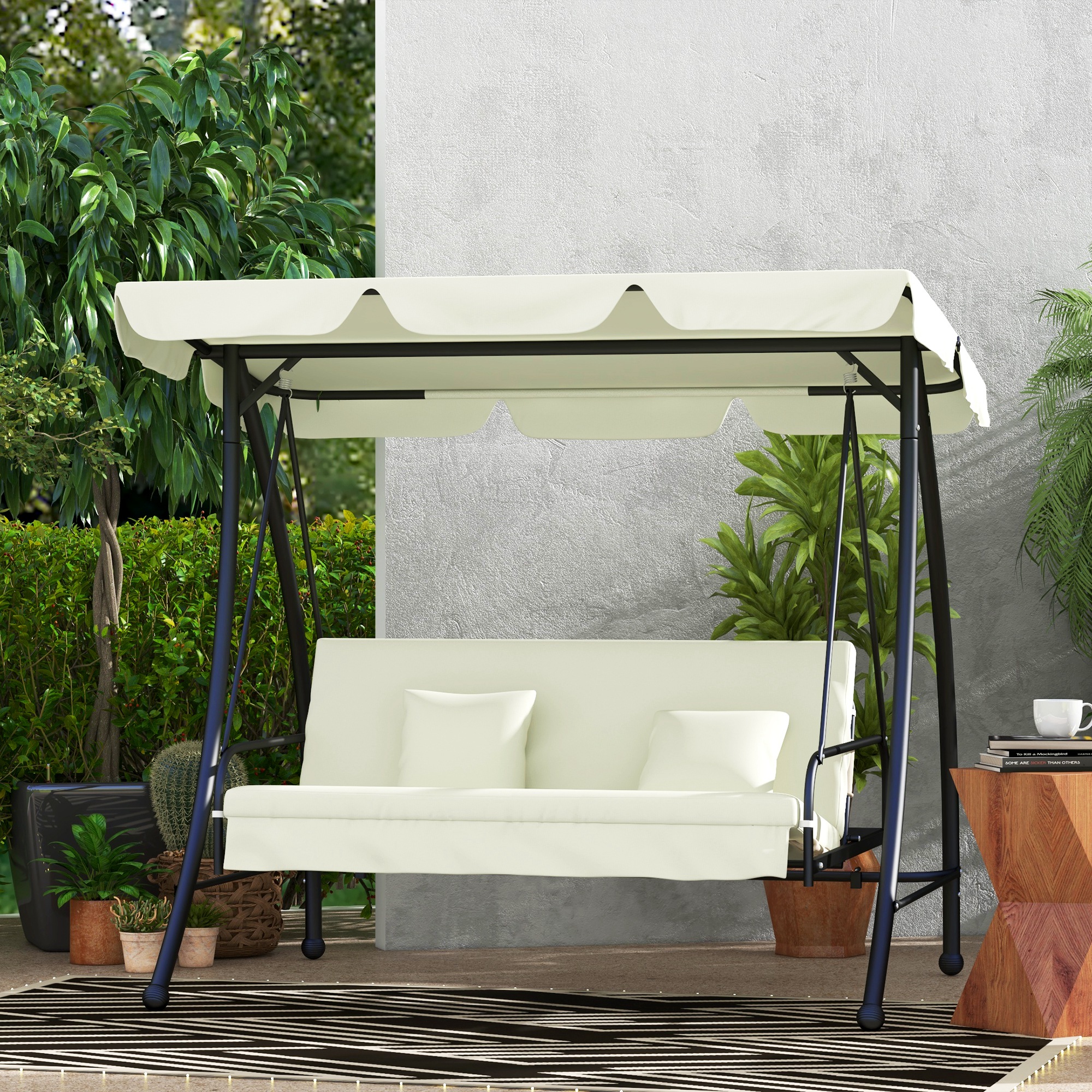 Outsunny Hollywoodschaukel, Schaukelbank mit Liege-Funktion, 3 Sitzer, Metall+Polyester, 200 x 125 x 170 cm, Weiß