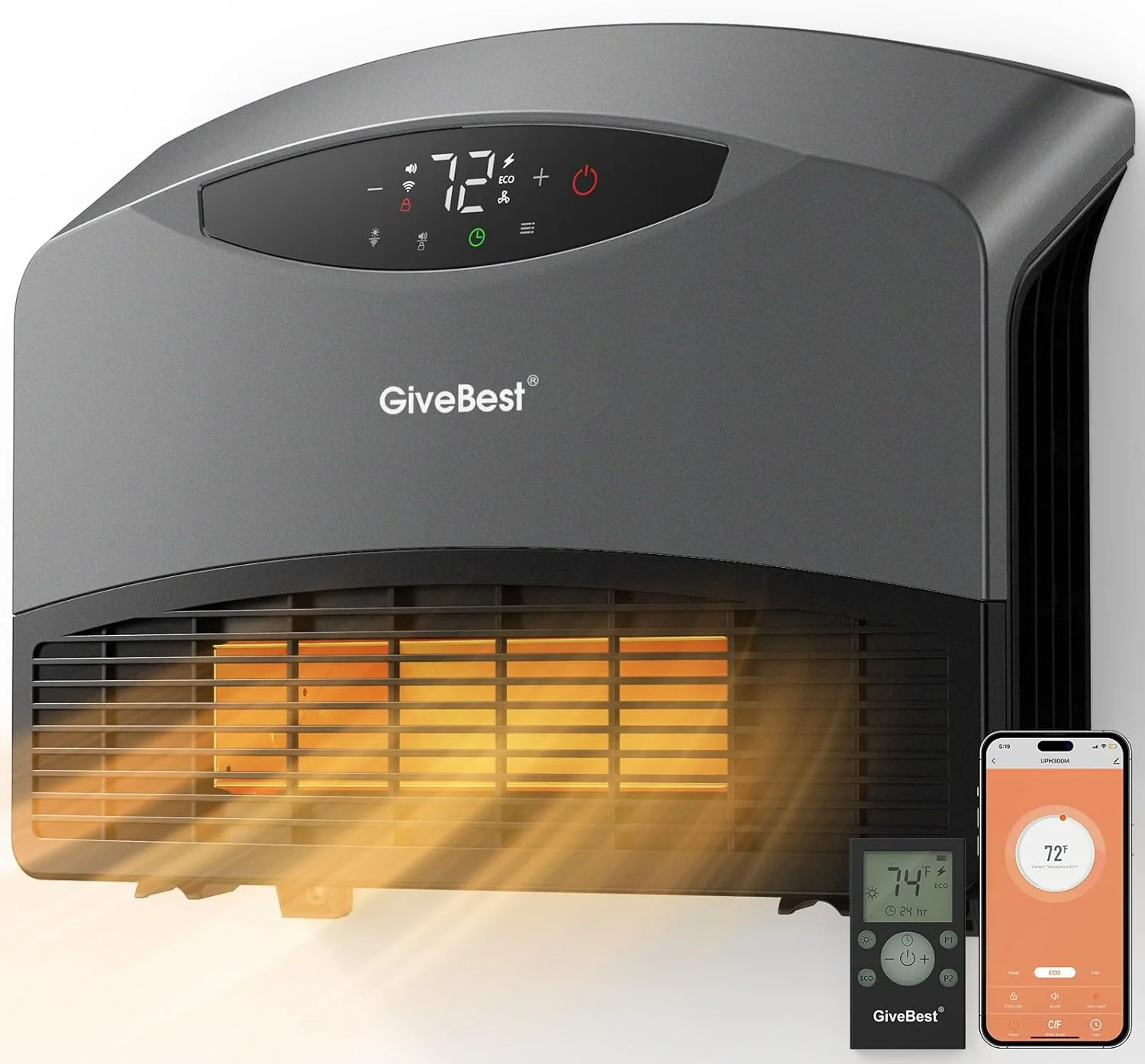 GiveBest Electric Wall Heater with WiFi and Remote Control, Floor or Wall Mounted Heater, Large Room Coverage, 3 Heating Modes, 1500W Fast Heating Space with Thermostat for Indoor Room Use