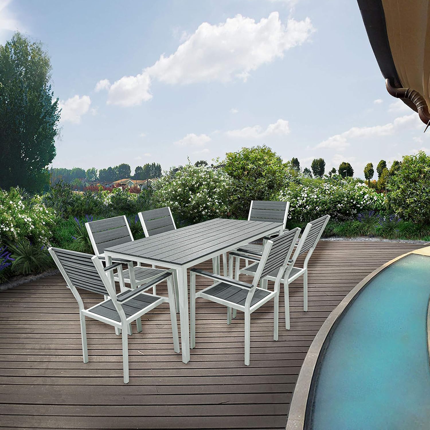 Table Set with Garden Chairs Complete Table with 6 Outdoor Armchairs White Metal Frame and Slats in HPDE Grey Teak Effect