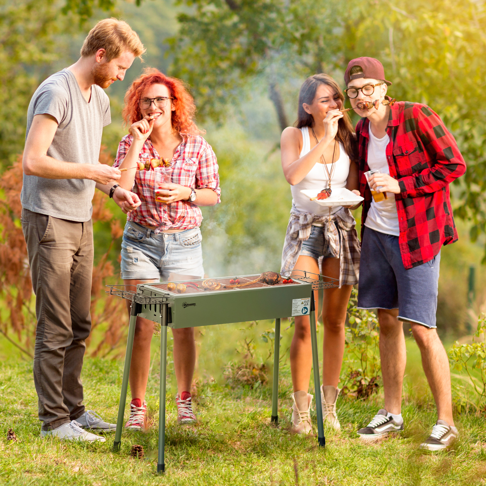 Outsunny Holzkohlegrill, 2x Grillrost, 1x Kohlegitter, 2x Seitenkorb, rostfreier Stahl, dunkelgrün, 94 x 39 x 70 cm