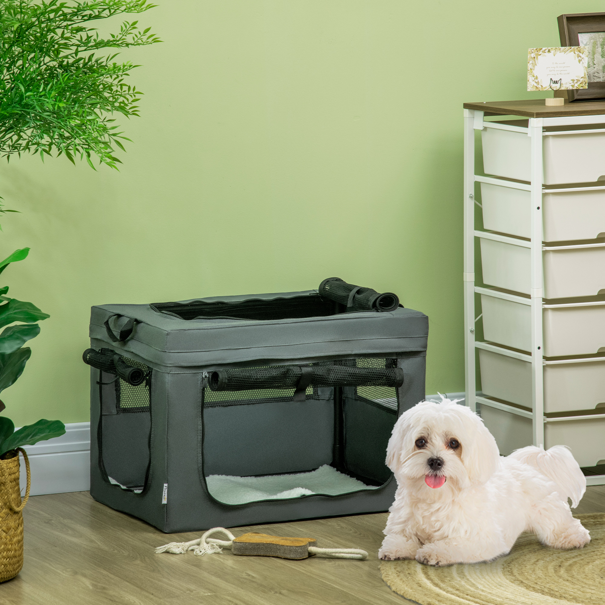 PawHut Transportbox, faltbar, 3 Eingänge, Innenkissen, für Hunde und Katzen bis 4 kg/40 cm, grau