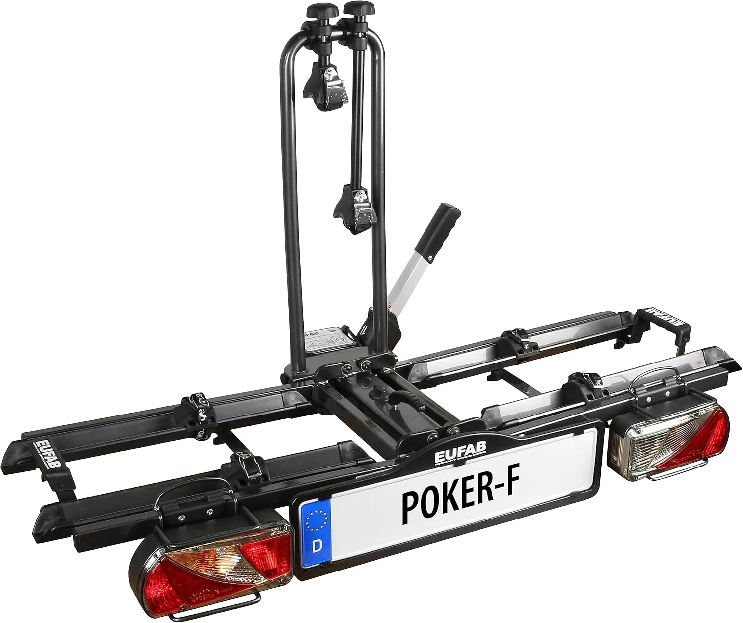 EUFAB 12010LAS Fahrradträger POKER-F, 142 x 70 x 58 cm, für 2 Fahrräder, für Anhängerkupplung, E-Bike geeignet, komplett vormontiert, Diebstahlschutz