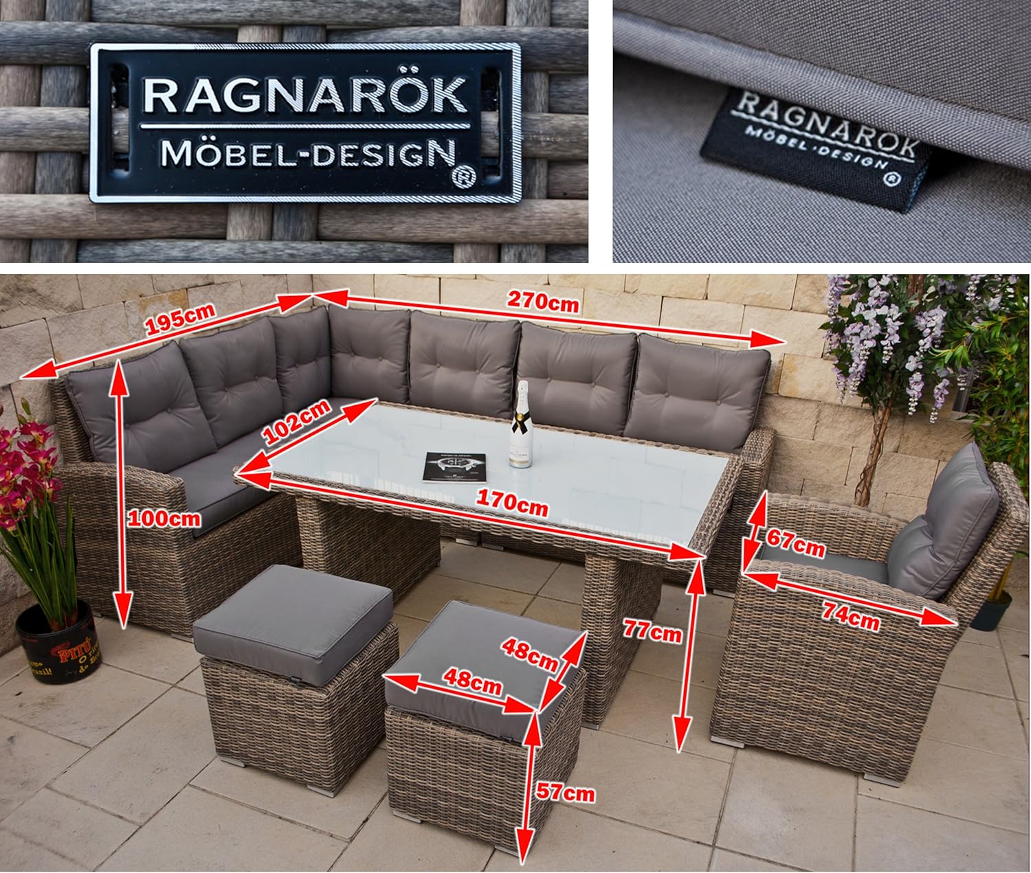 Ragnarök-Möbeldesign hohe Dining Lounge - DEUTSCHE Hersteller - 8 Jahre GARANTIE - EIGENE Produktion - PolyRattan Gartenmöbel Essgruppe Sessel Naturfarben Rundrattan Grau