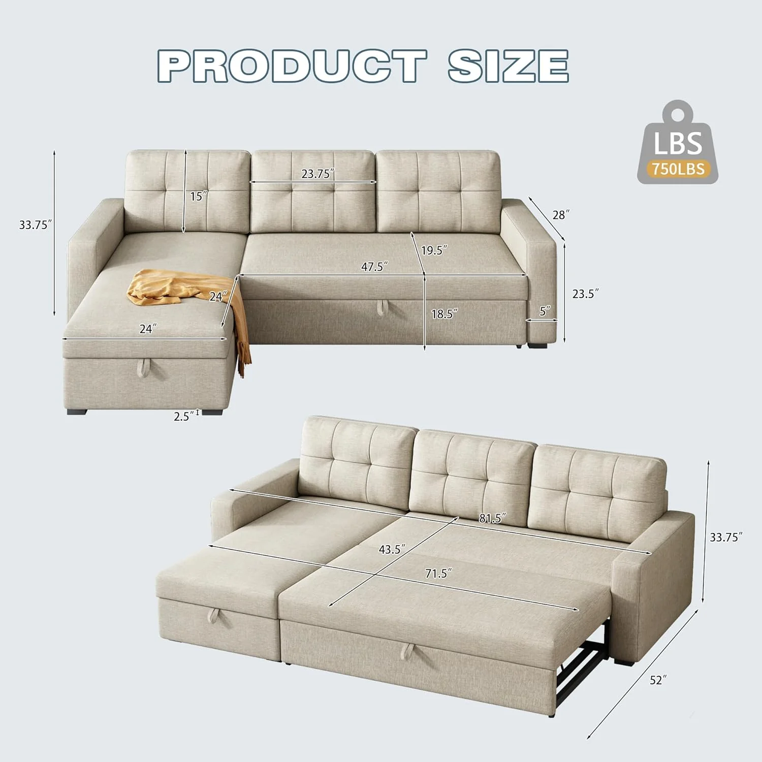 Sleeper Sofa Couch with Pull Out Bed L Shaped Sectional with Storage Reversible Chaise