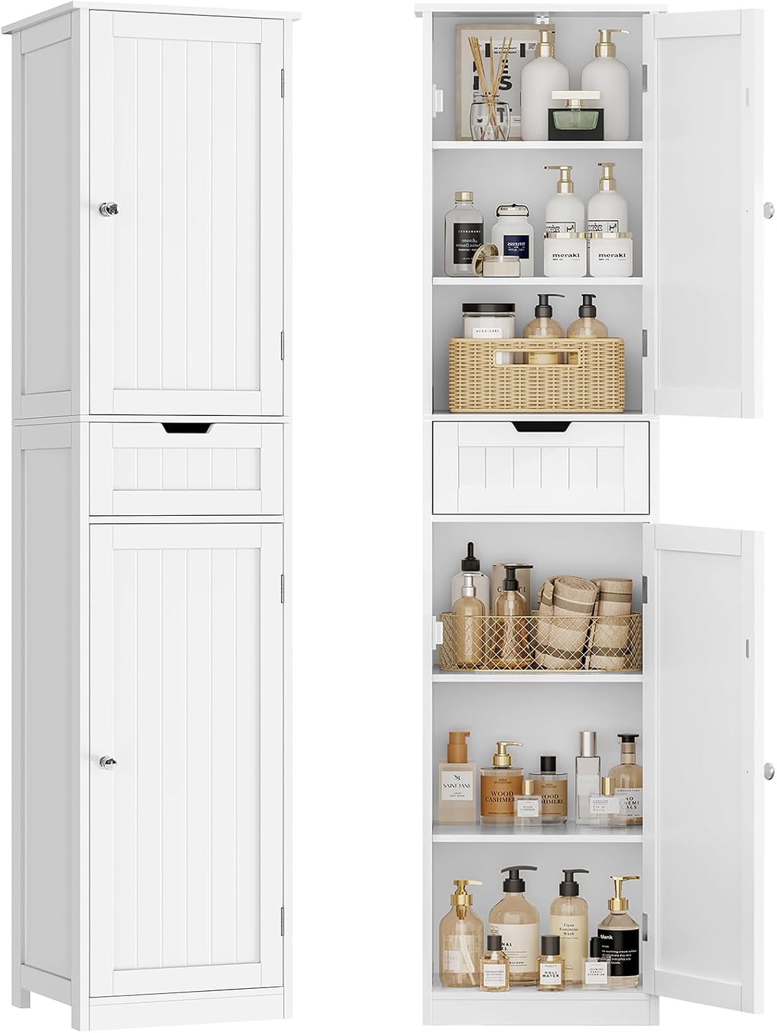 TEENFON Mobile da Bagno Salvaspazio Stretto e Alto con Cassetto, Armadietto Bagno Moderno 2 Ante + 1 Cassetto 40x30x170 cm, Bianco