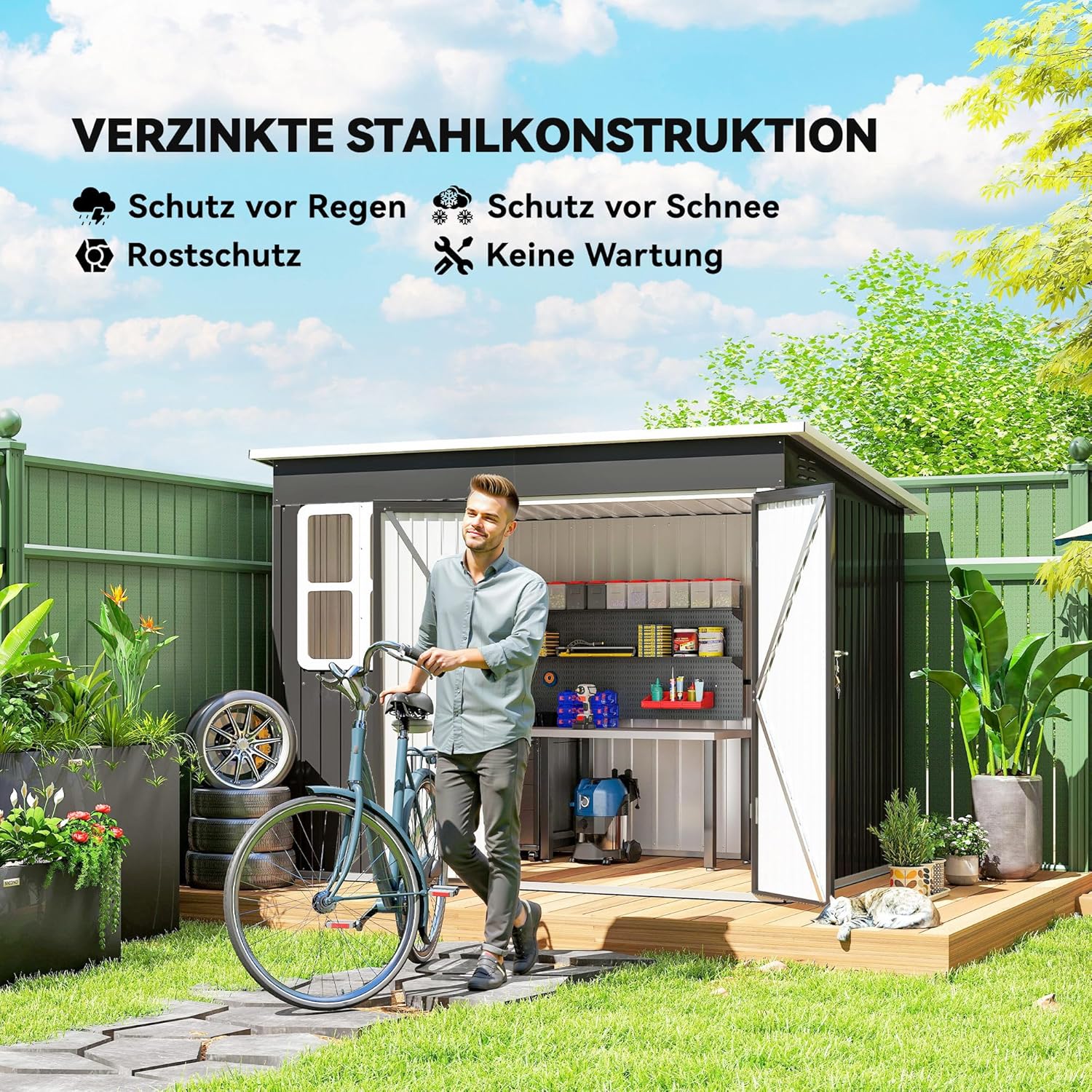 Outsunny Metall Gerätehaus 4,13 m² 260 x 177 x 190 cm Geräteschuppen mit Fenster Pultdach Abschließbarer Tür wetterfest Gartenhaus Outdoor Garten Schuppen Schrank für Hinterhof Außenbereich Dunkelgrau