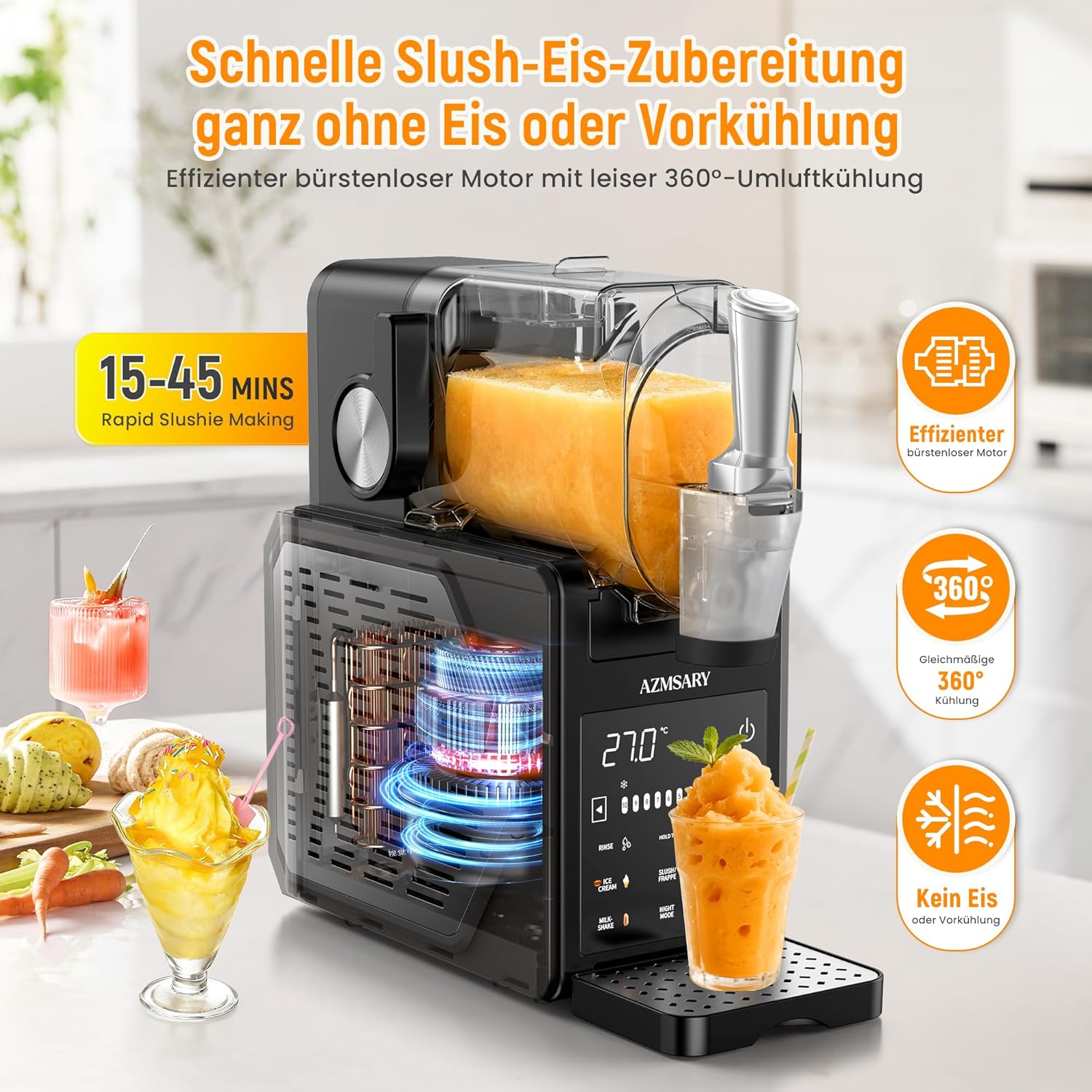 Slush Maschine – 2,5 L Eismaschine & Slushie Maschine für Zuhause, mit LED-Display, 6 voreingestellten Programmen für Eiscreme, Frappés, Milchshakes, automatischer Reinigung (Black) (Black)