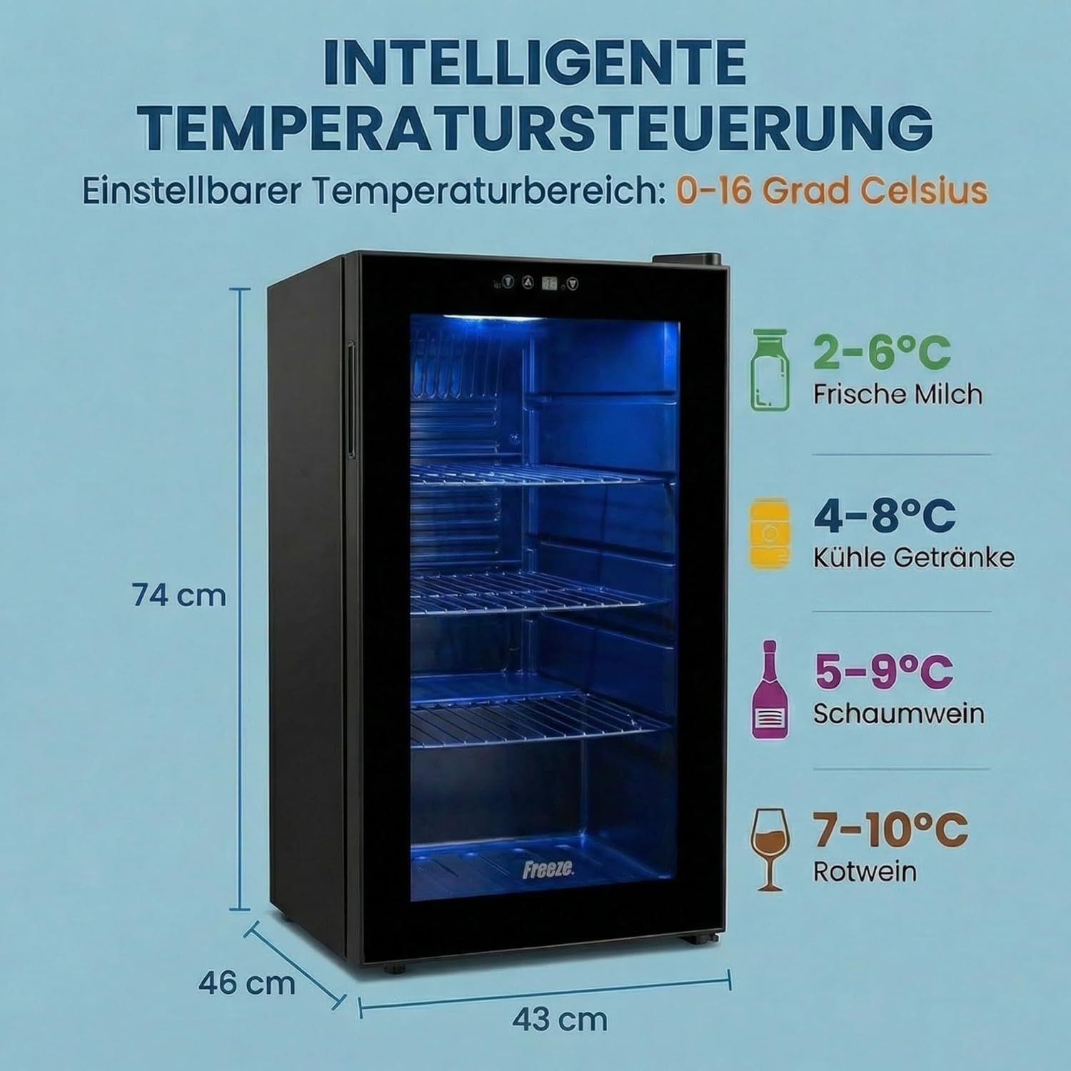 FREEZE. 70L Getränkekühlschrank, Mini-Kühlschrank für 126 Dosen, Glastürkühlschrank, Weinkühler, kleiner Kühlschrank mit Glastür und verstellbaren Regalen für Zuhause/Bar/Büro, frostfrei, Schwarz