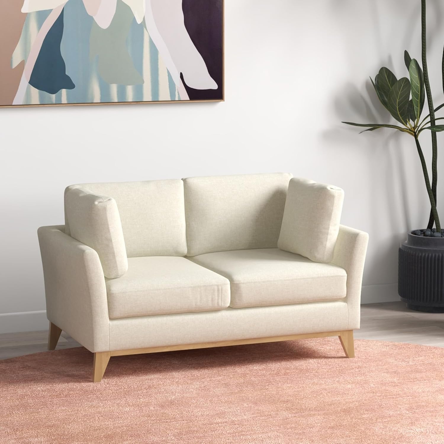 HOMCOM Divano da 2 Posti in Legno di Eucalipto e Tessuto Effetto Lino,Divanetto 2 Posti con 2 Cuscinetti Piccoli per Soggiorno e Camera da Letto, 137x78x78 cm, Beige