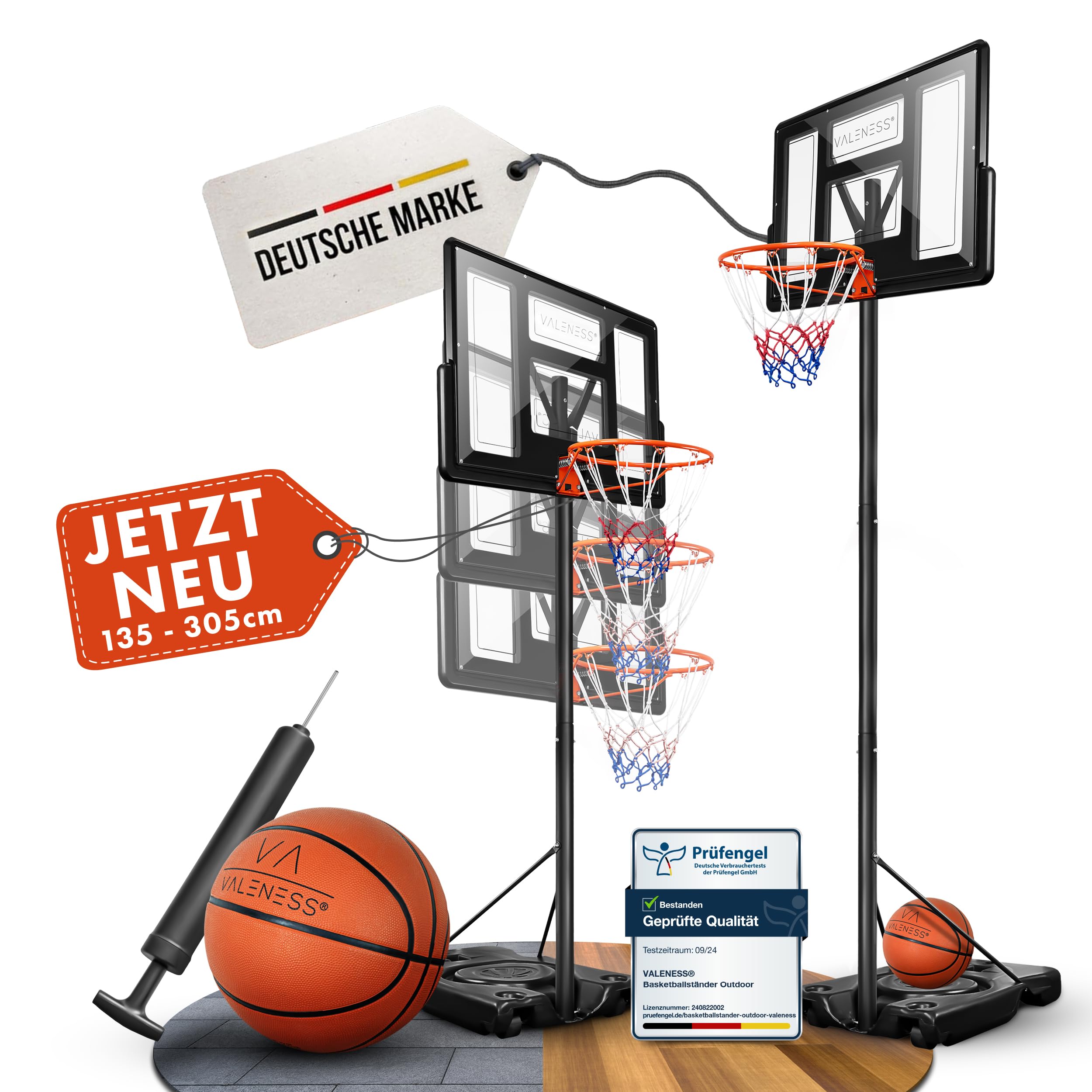 VALENESS Profi Basketballkorb für Outdoor höhenverstellbar von 135 bis 305 cm mit Ball für Garten und Hof