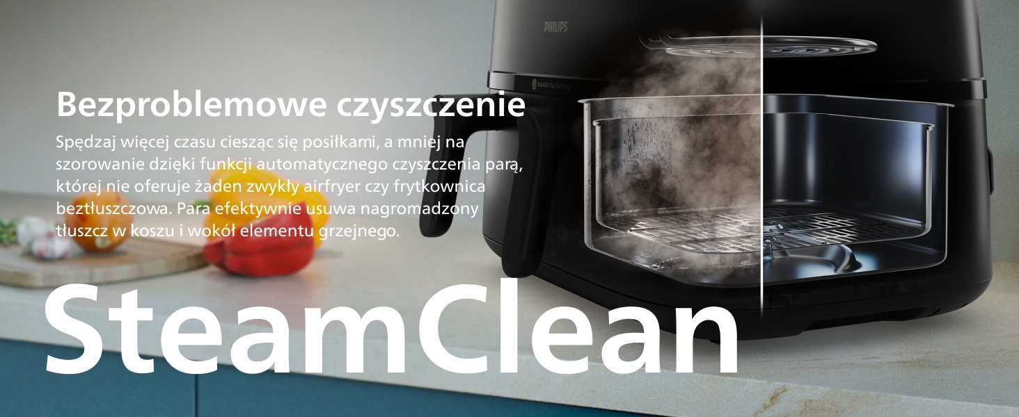 Tekst brzmi „SteamClean” - wiele obrazów przedstawiających proces czyszczenia parą za pomocą profesjonalnego sprzętu na ciemnych powierzchniach.
