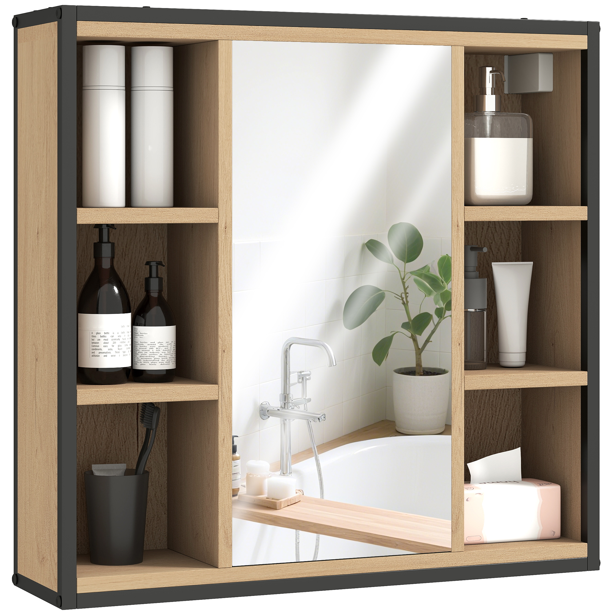 HOMCOM Wandspiegelschrank Badezimmer mit Spiegel, 52 x 24,5 cm mit 6 offenen Fächern und verstellbarem Regal, Eiche