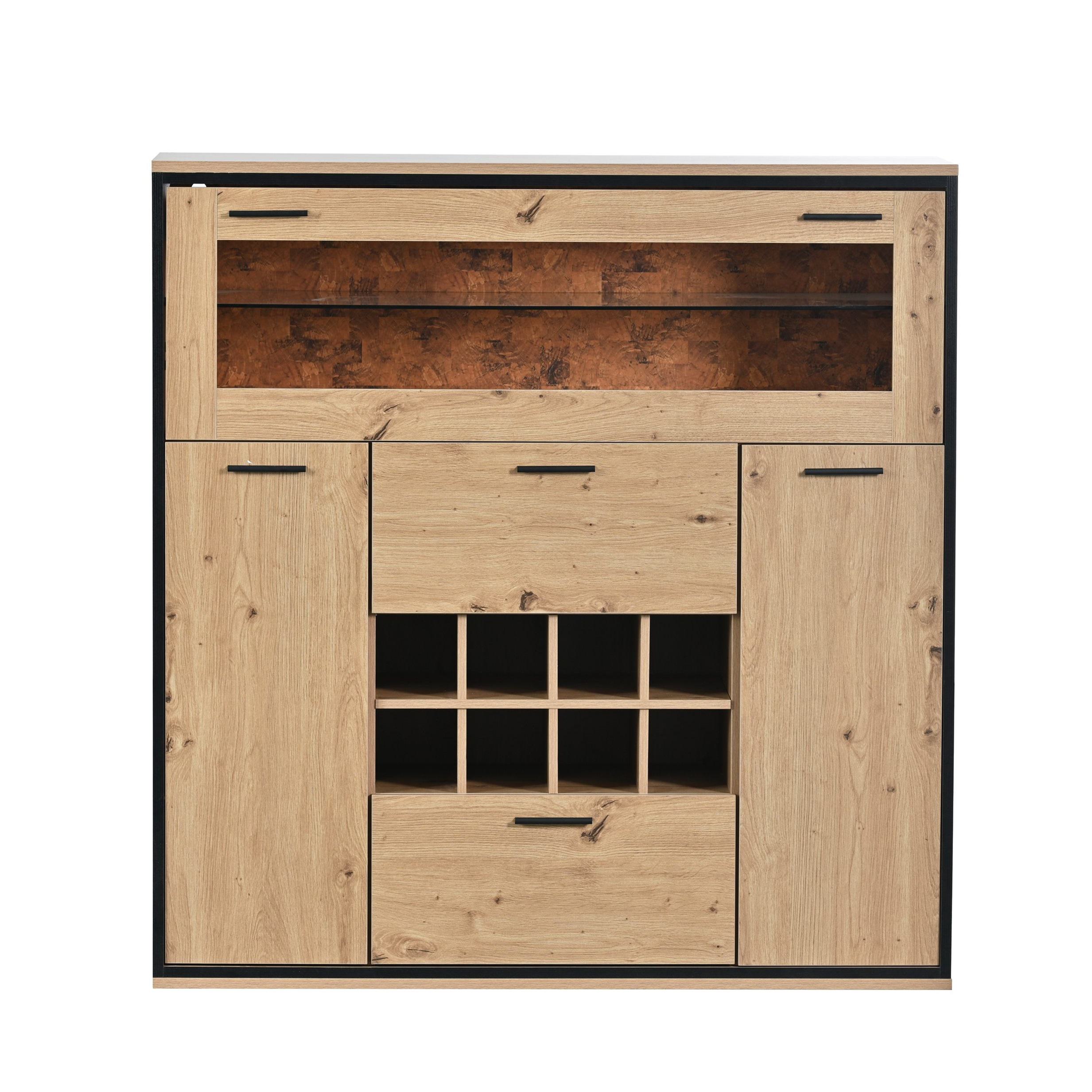 Anrichte Weinschrank 110x38x111 cm mit Glasregal und LED-Beleuchtung, Stilvolle Aufbewahrung für Party und Familienzusammenkünfte in Holzfarbe und Schwarz