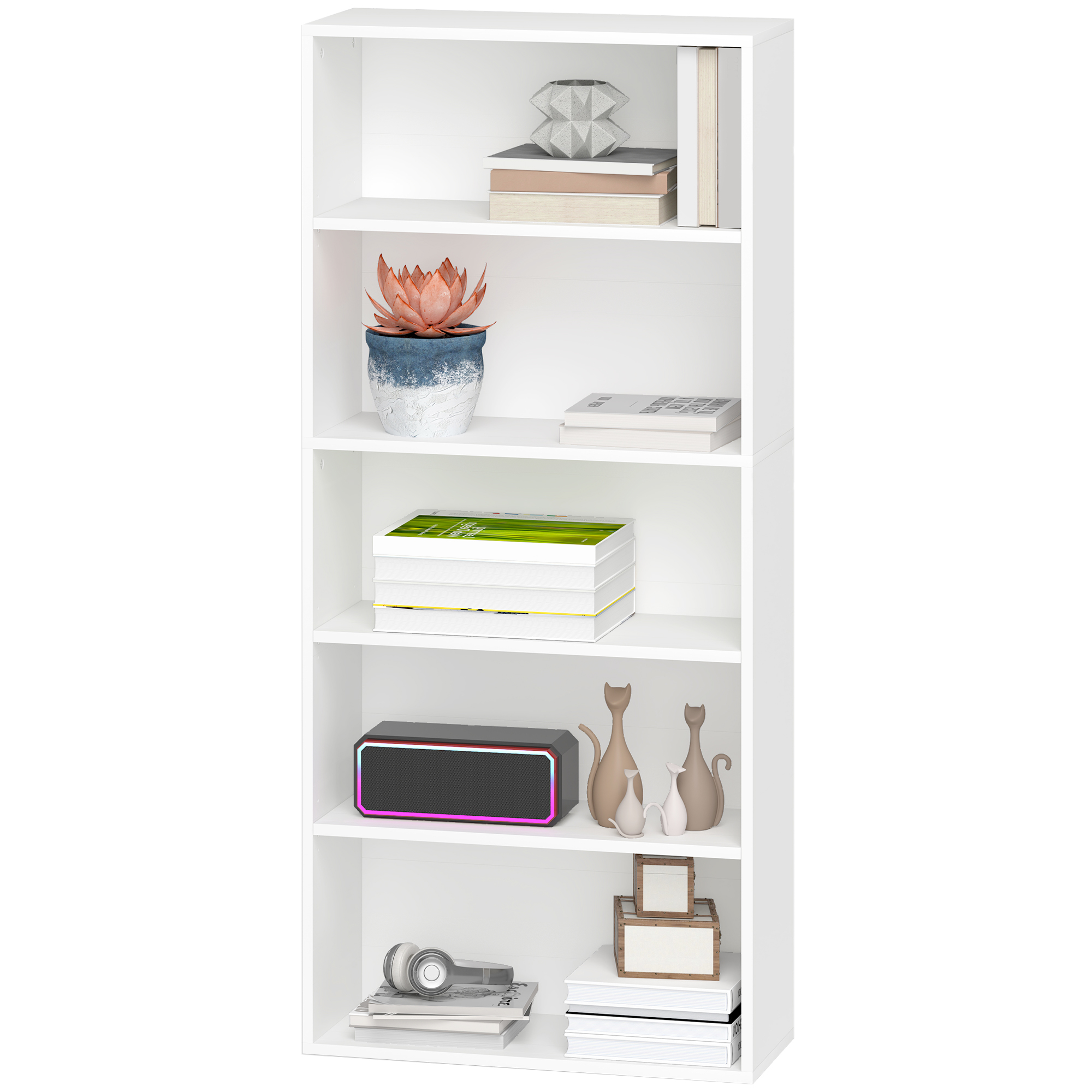 HOMCOM Bücherregal mit 5 Regalen und 3 verstellbaren Regalböden, aus Holz, 60x24x133,5 cm, Weiß