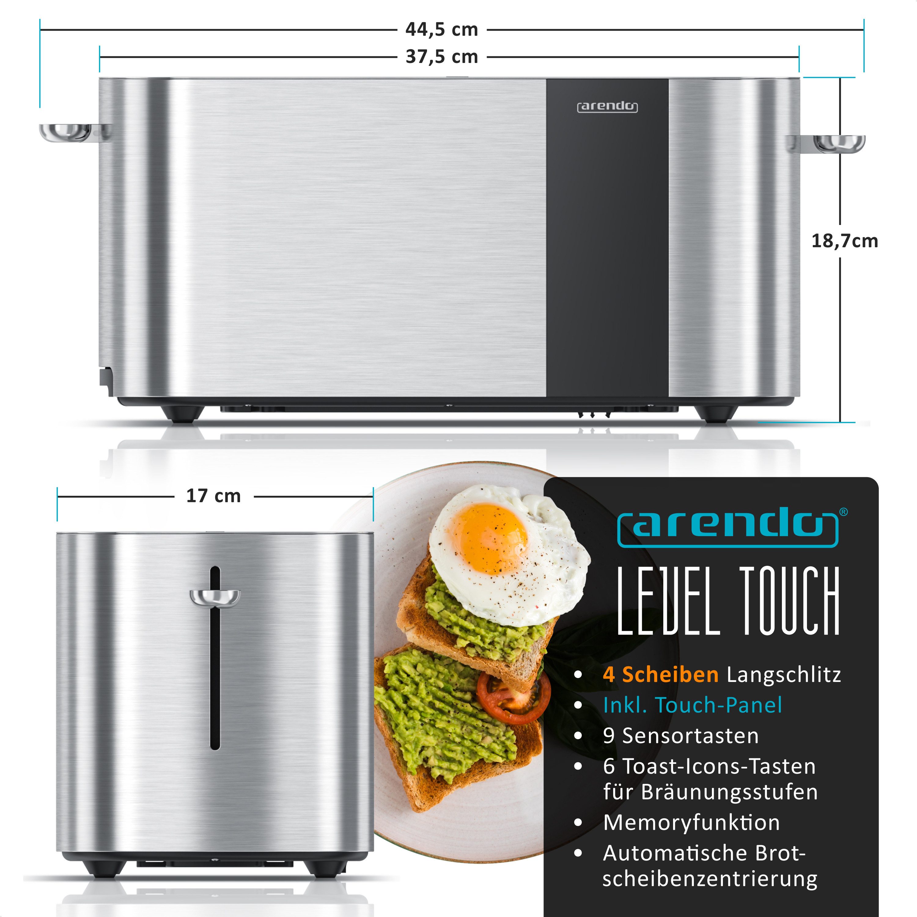 Toaster Edelstahl, Langschlitz, Touch Display, Restzeit & Bräunungsgradanzeige