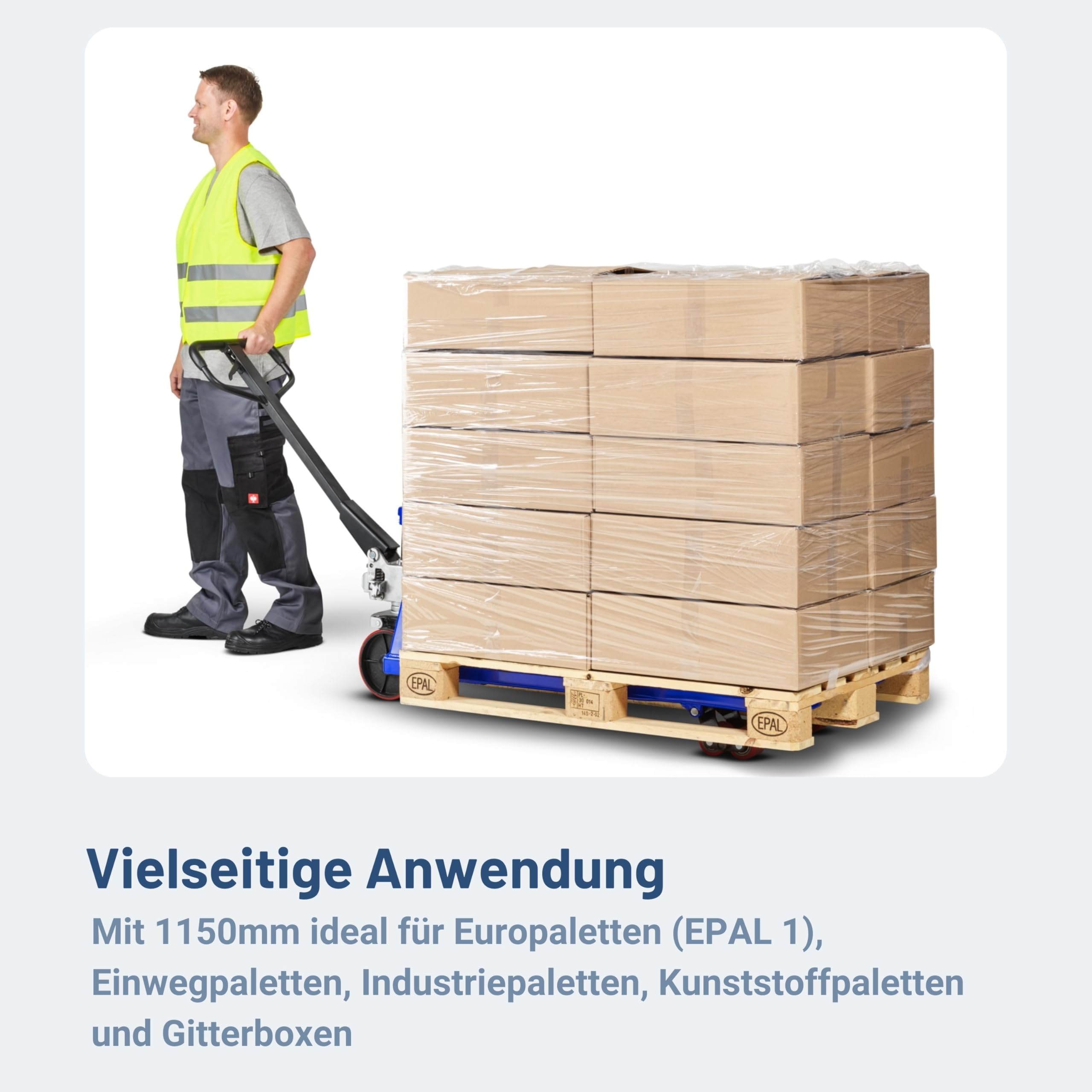 Robuster Gabelhubwagen aus Stahl mit 2500 kg Tragkraft und 1150 mm Gabellänge für Lager und Transport