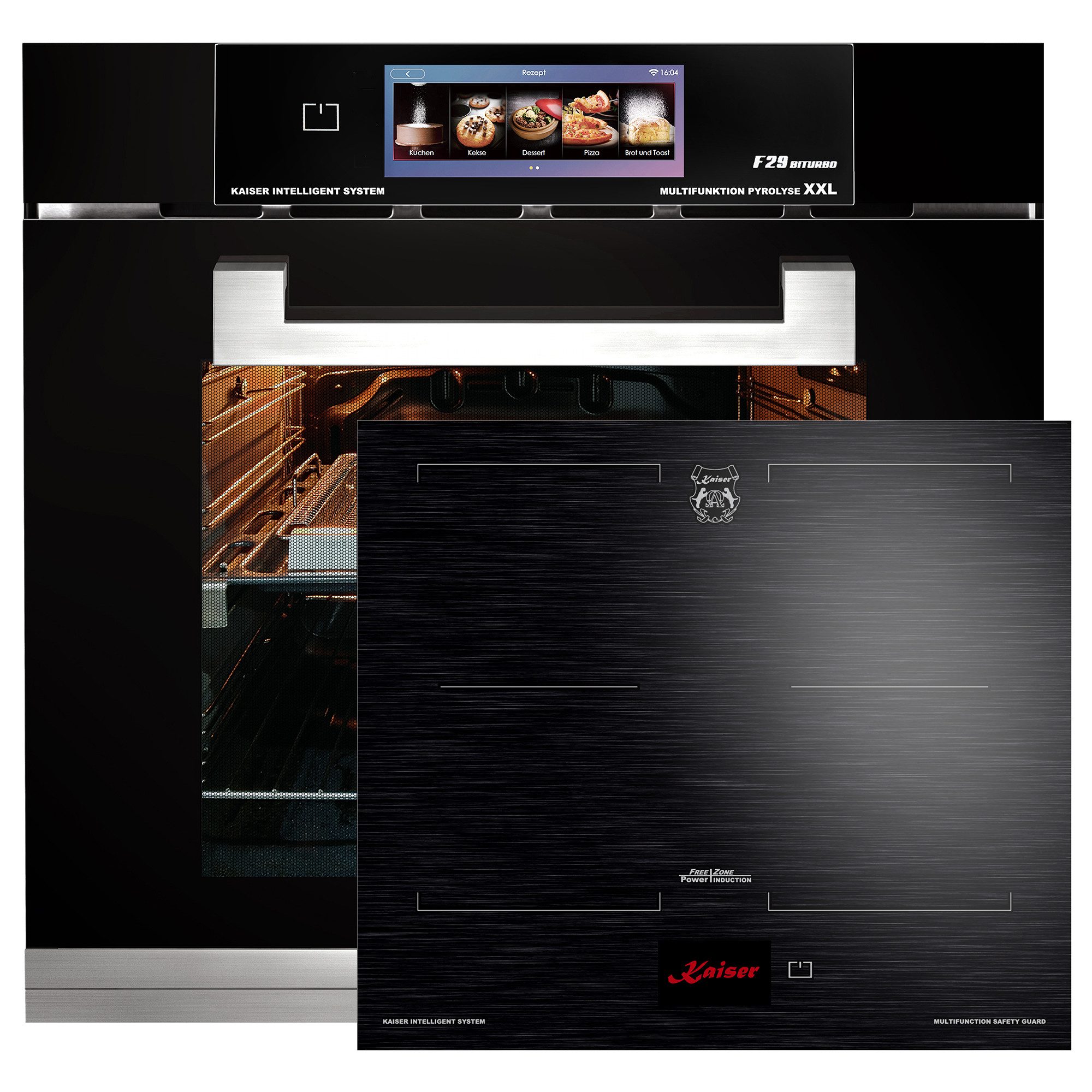 Backofen-Set Herd Set Autark Einbaubackofen Schwarzes Glas,79L,60 cm, Air fryer,TFT,Bratautomatik mit Induktionskochfeld 60 cm FREE ZONE mit 2 FLEX Induktions-Zonen TFT Display EH 6344+KCT 6140 FI