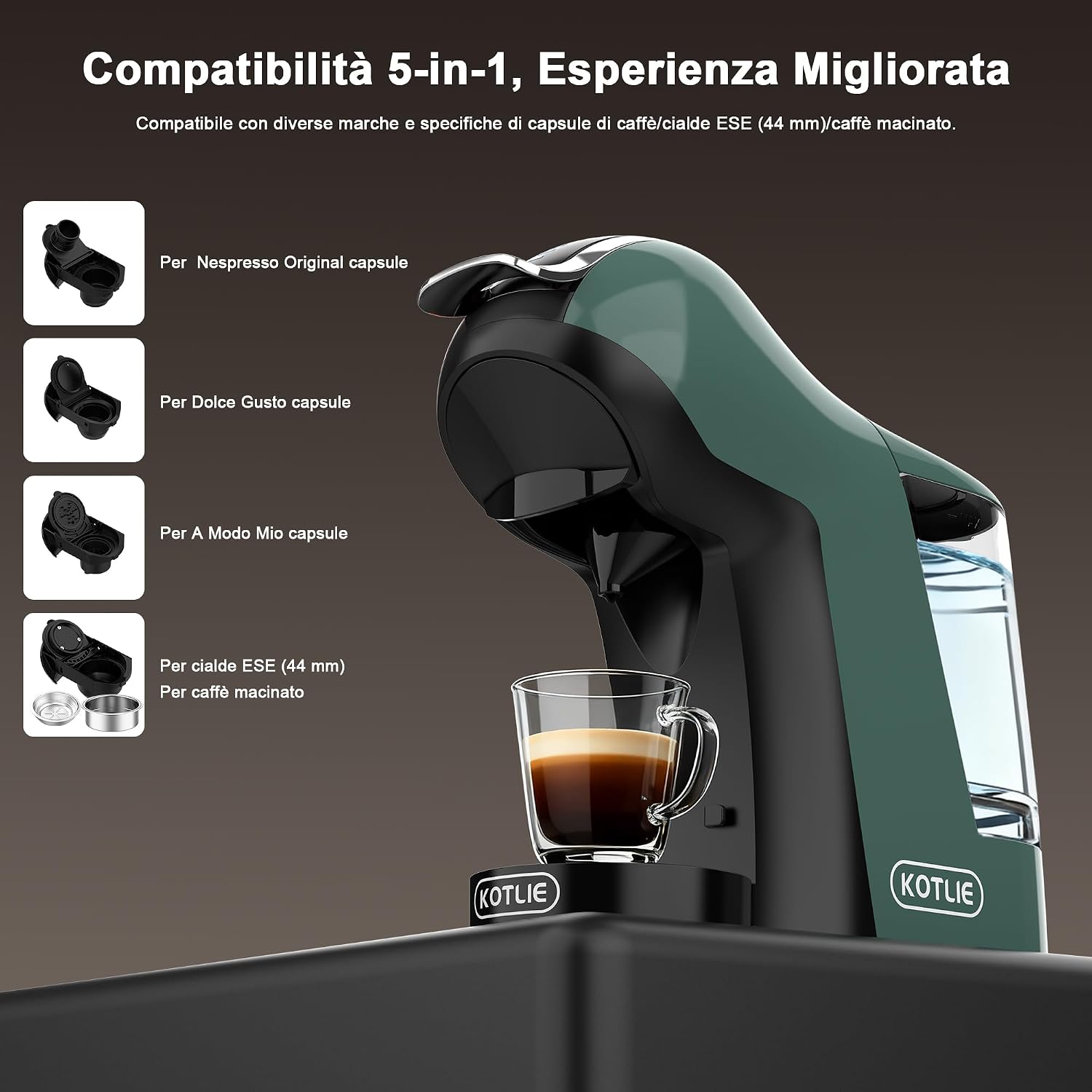 KOTLIE Macchina da caffè multifunzione compatibile con capsule e polvere, 3 tempi, 7 livelli di acqua, serbatoio acqua da 1 L (EM-308B)