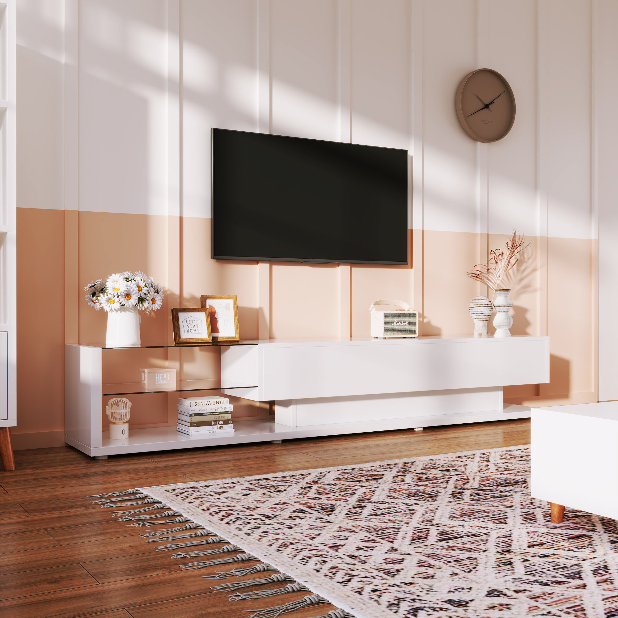 TV-Schrank Hochglanz mit LED-Beleuchtung und Glasregalen, Modernes Design, Weiß