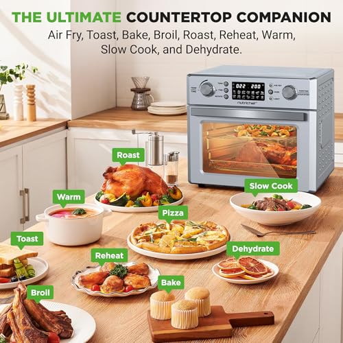 NutriChef 26L Electric Air Fryer Oven | 1700W Countertop Rotisserie & Air Fryer | 360° Rotating Feature | 10 Digital Menu Presets | Includes Drip Tray, Air Frying Basket & Bake Rack 15x16x14 (Silver) : Home & Kitchen