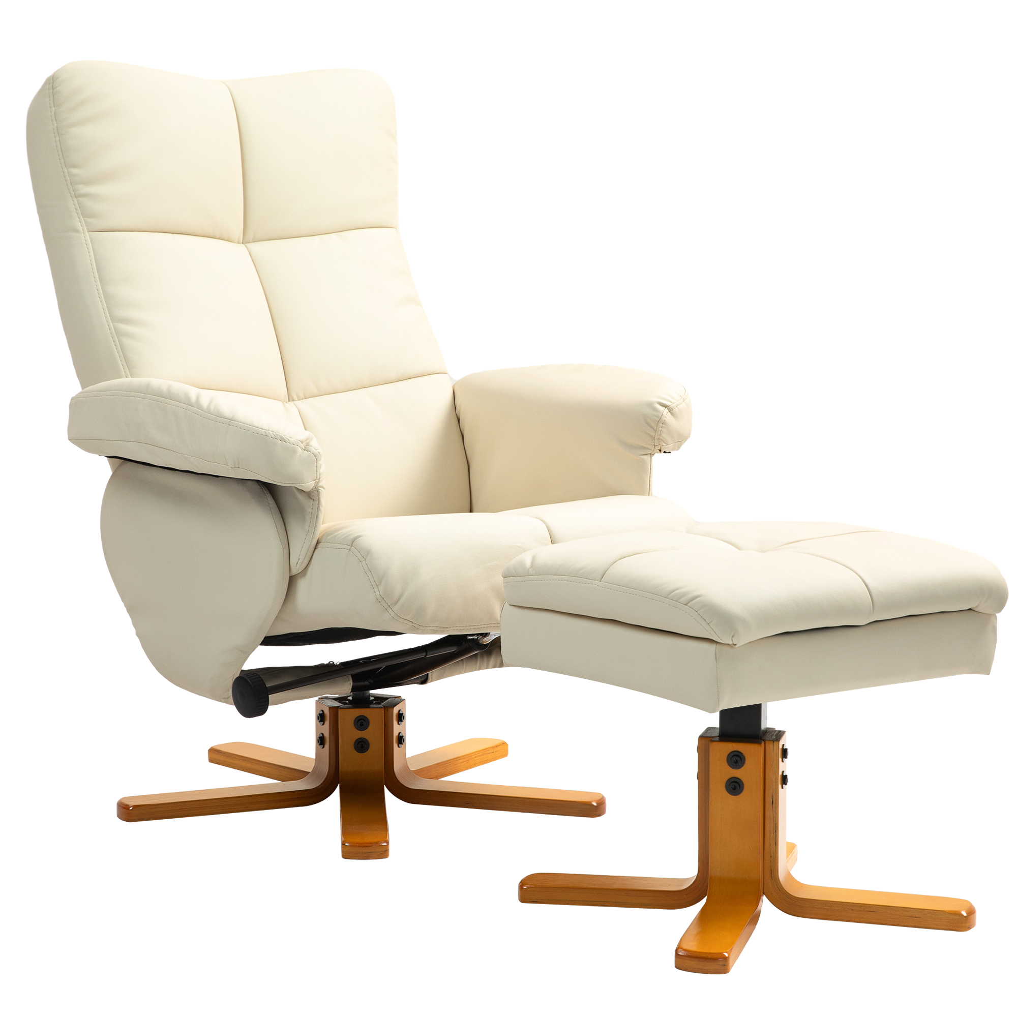 HOMCOM Relaxsessel mit Hocker, 145° neigbare Rückenlehne, 360° drehbar, Kunstleder, Cremeweiß