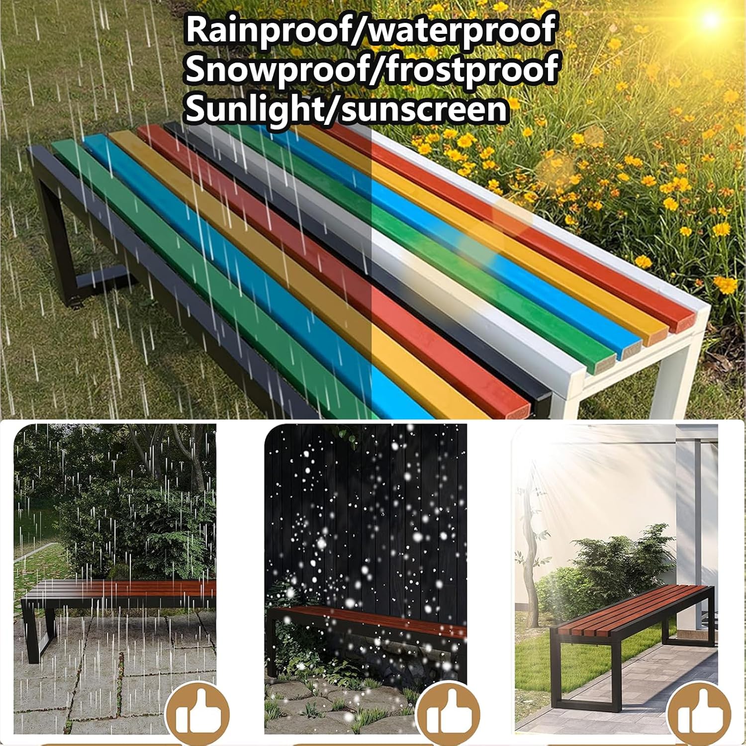 Metal Garden Bench, Backless Patio Benches, Outdoor Patio Benches, Weatherproof Metal Frame and Solid Wood Seat Length 150cm