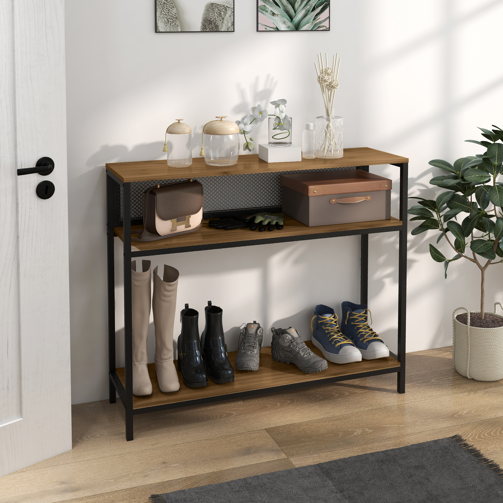 HOMCOM Sideboard Konsolentisch Flurregal, Industriedesign, 100 cm x 29,5 cm x 90 cm, Braun + Schwarz