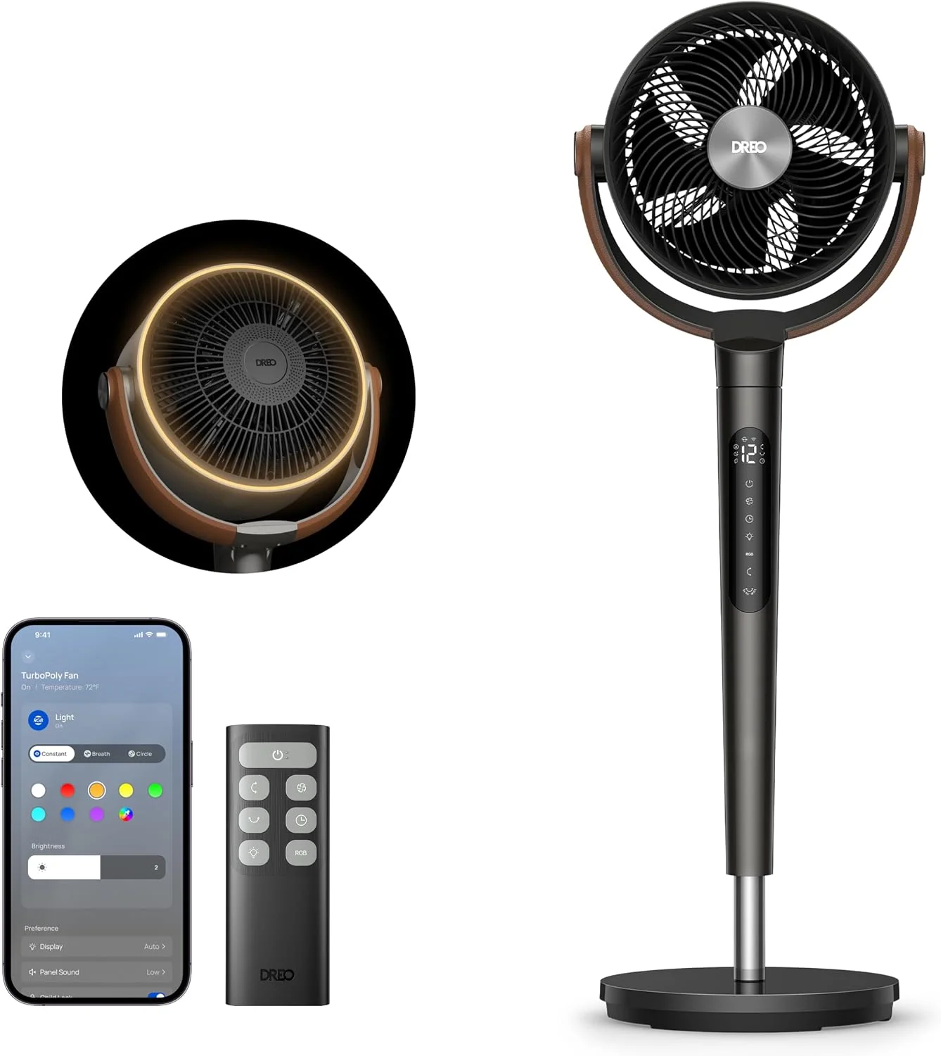 DREO 20dB leiser Smart Standventilatorr für Schlafzimmer mit RGB-LED, 94-107cm Höhe, 30m Luftumwälzgebläse und 2209m³/h Luftvolume, 6 Modi
