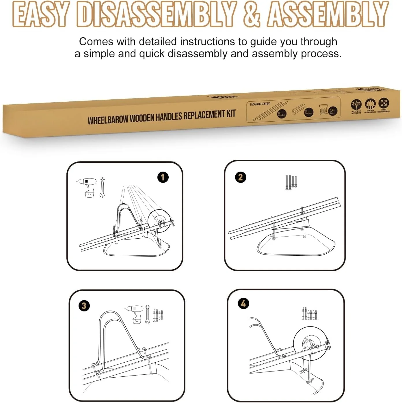 Wheelbarrow Replacement Handle Kit �C 2 Pre-Drilled Heavy-Duty FSC Eco-Wood Handles, Universal Fit + Bolts, Nuts & Wedges (Plant a Tree)