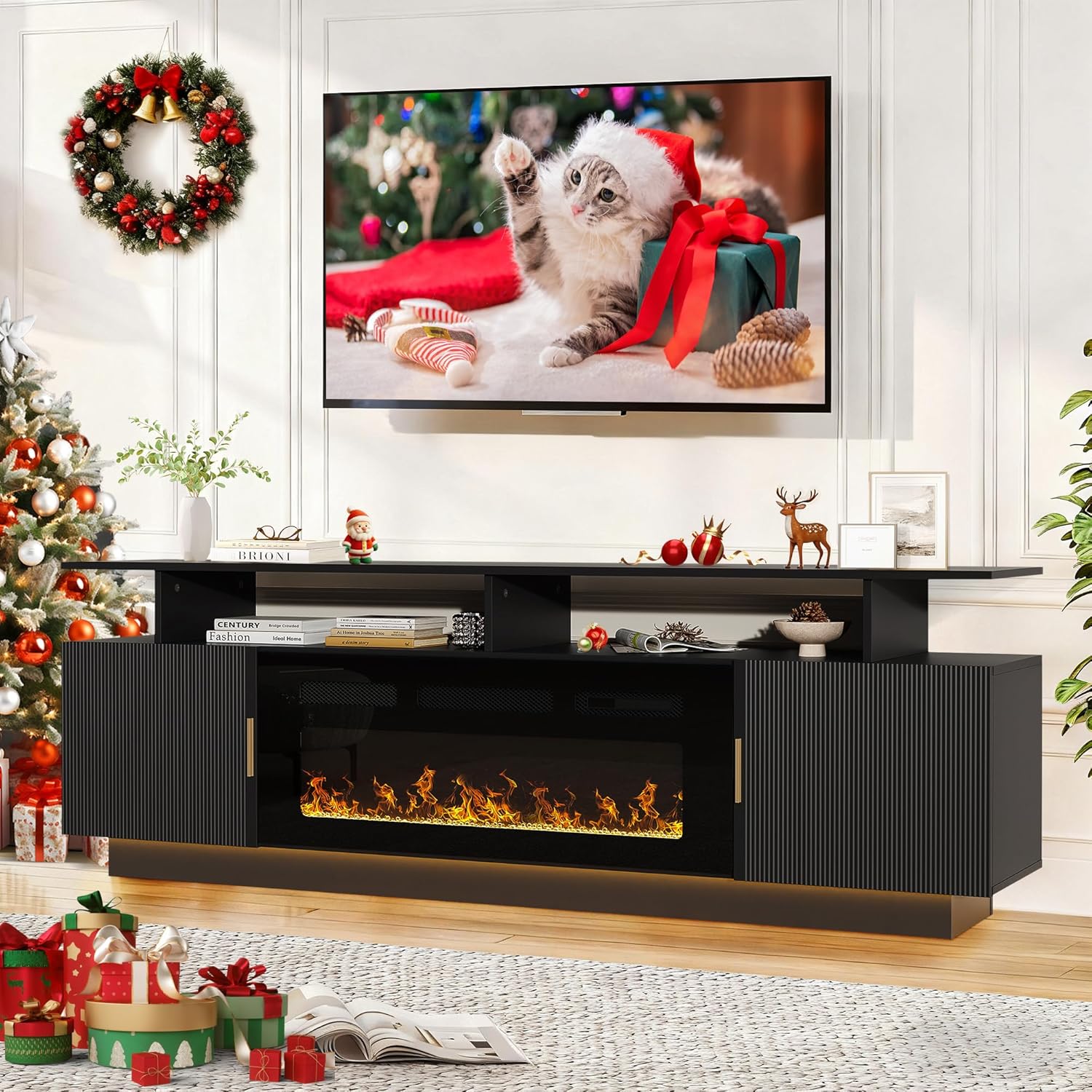 70” Fluted TV Stand with 36” Electric Fireplace, 2 Tier TV Console Cabinet with Storage Cabinet, LED Lights, Power Outlet, Modern Wood Entertainment Stand Fits TVs up to 80