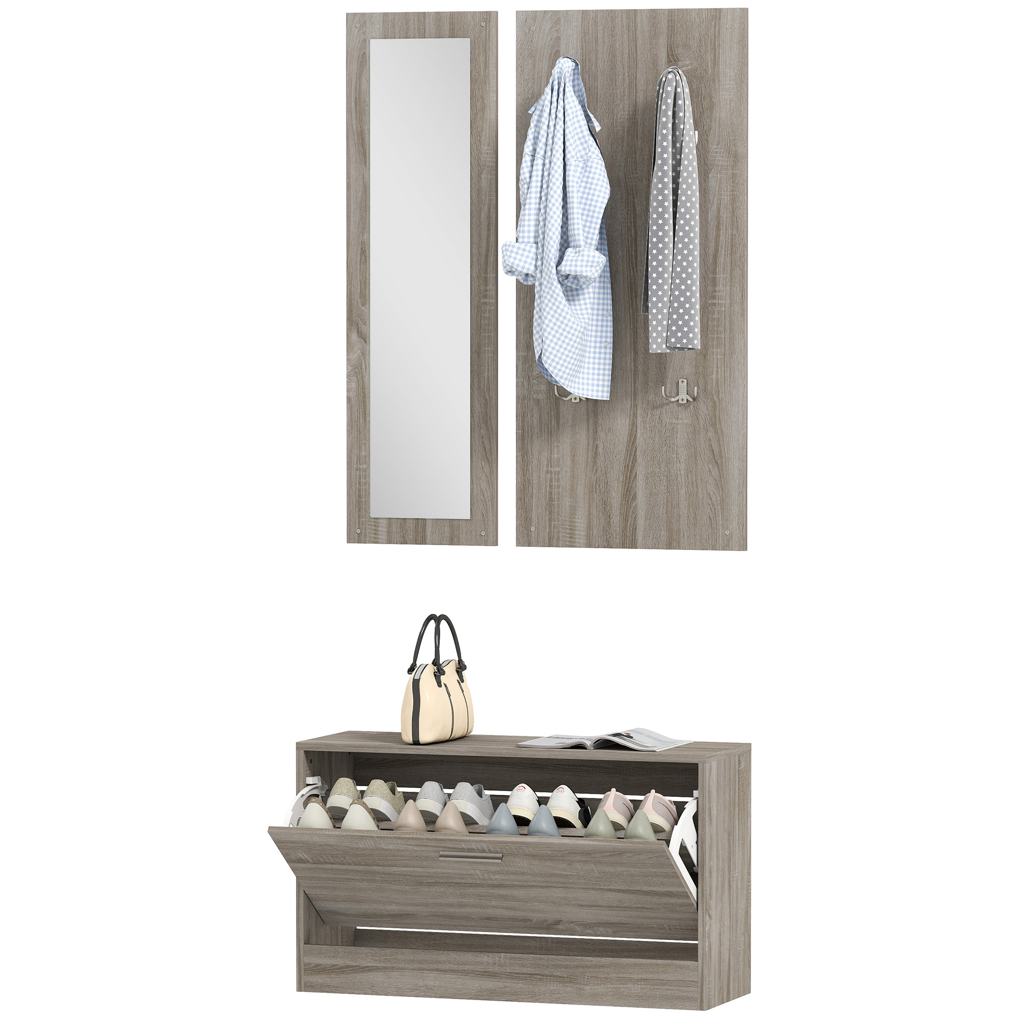 HOMCOM 3-teiliges Eingangsmöbelset mit Schuhschrank, Garderobe und Spiegel, aus Holz und Glas, Farbe Holz und Weiß