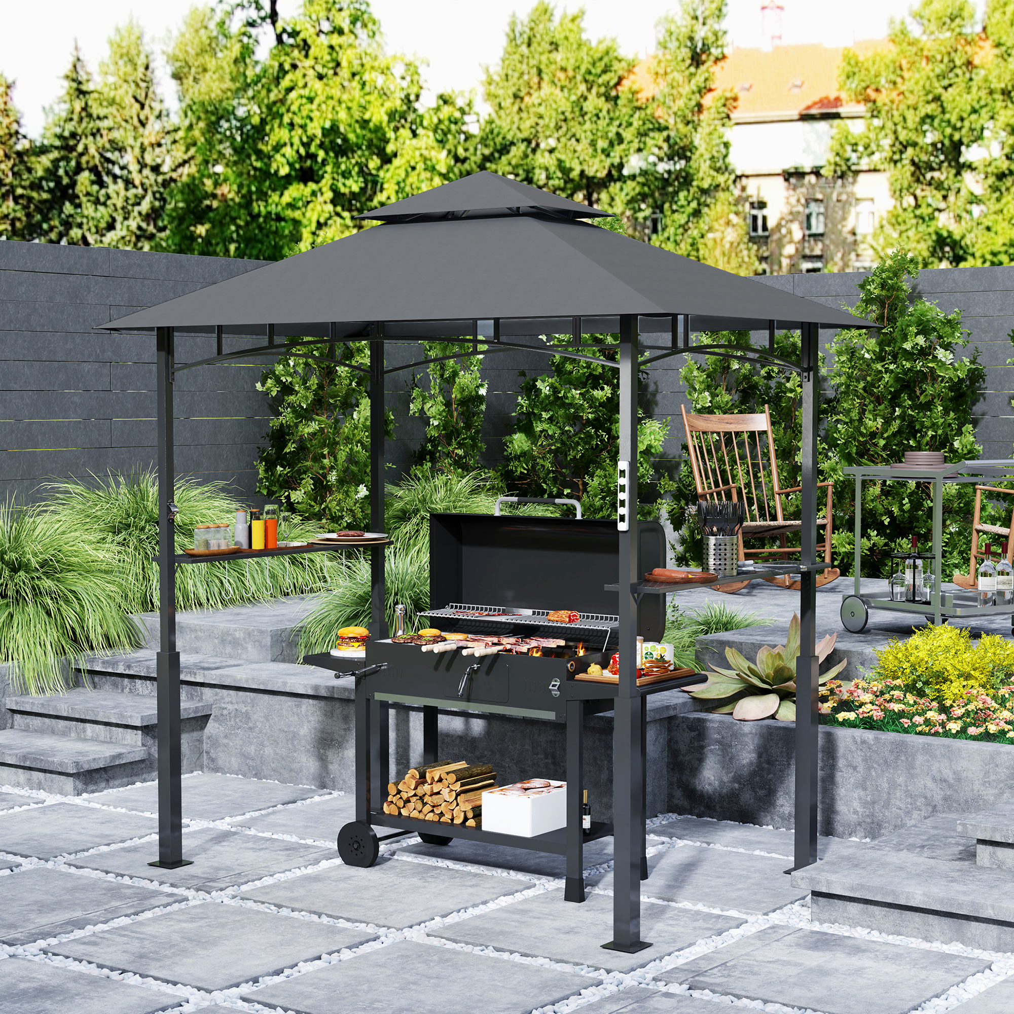 Outsunny Grillpavillon, Gartengrillzelt mit Gewürzregalen, LED-Beleuchtung, Metall, Kunststoff, 243L x 148B x 248H cm, Grau