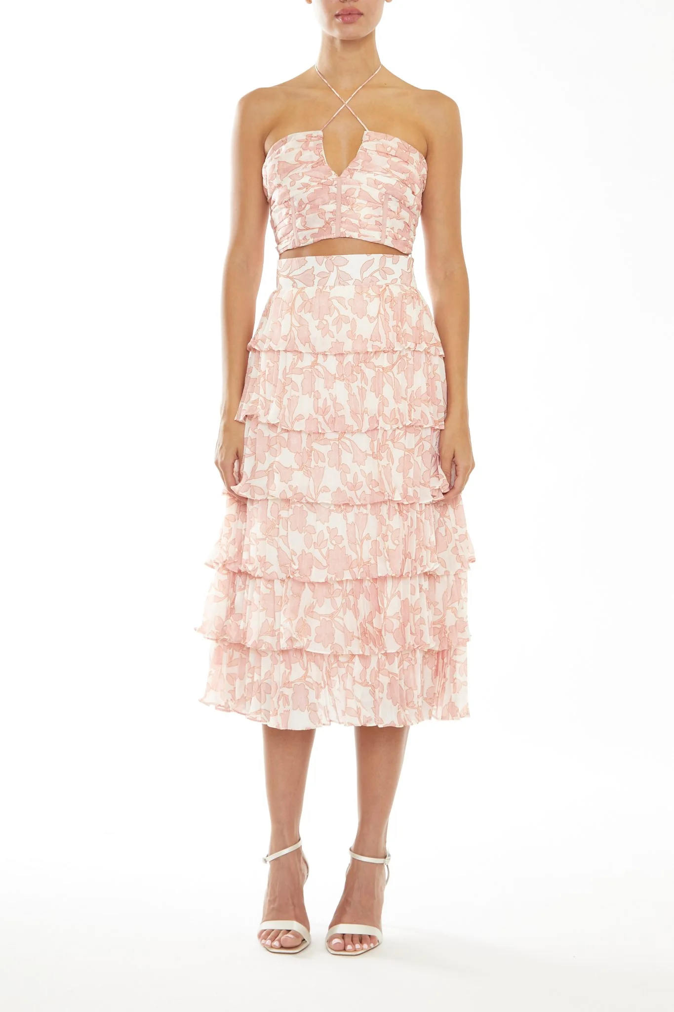 Zara Co-Ord Cream-Pink Outline Flower Ruched Halterneck Crop-Top