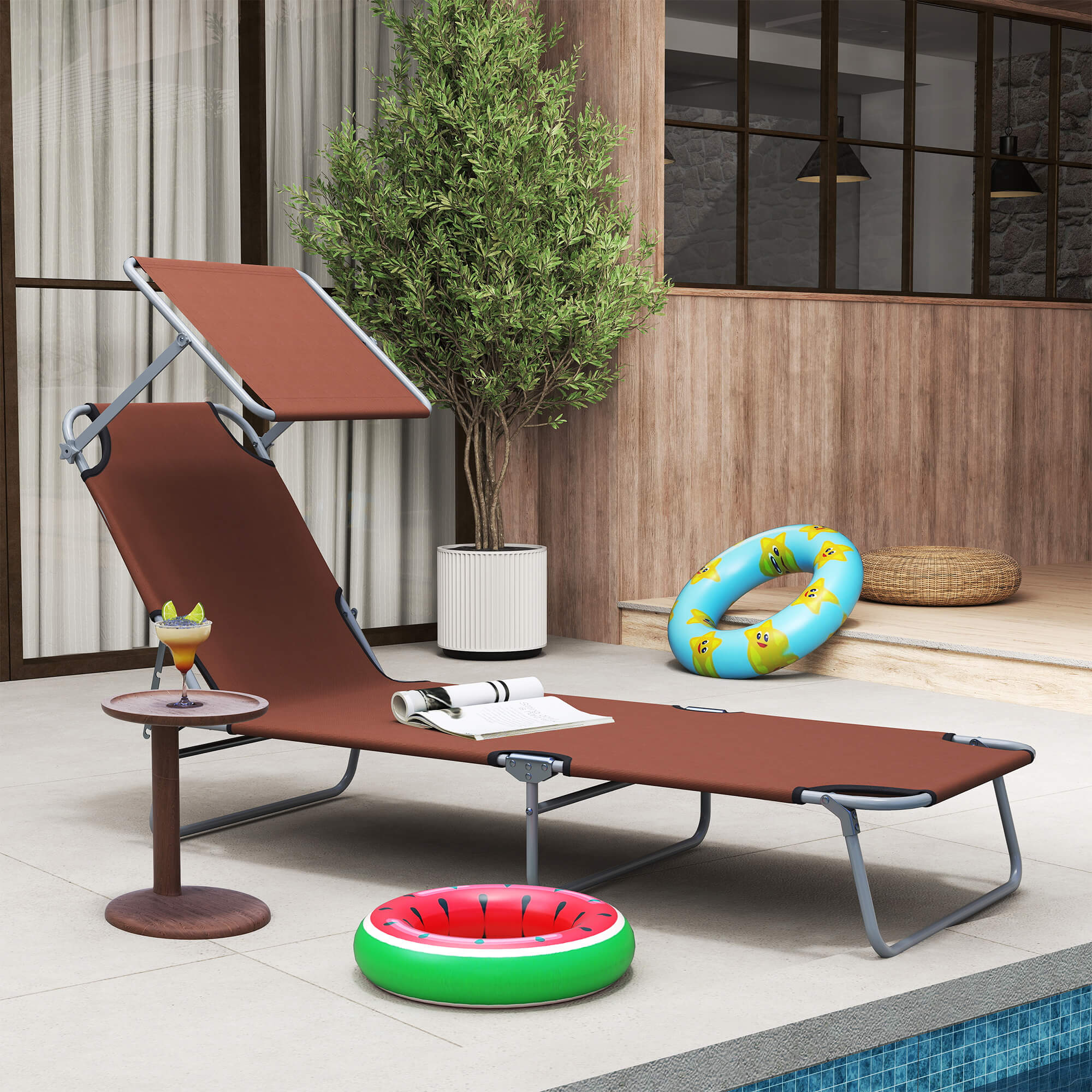 Outsunny Sonnenliege klappbar Gartenliege mit Sonnenschutz Liegestuhl mit 4-Fach verstellbare Rückenlehne Campingliege bis 120kg belastbar für Garten, Balkon und Pool geeignet, 6 Farben(Braun )