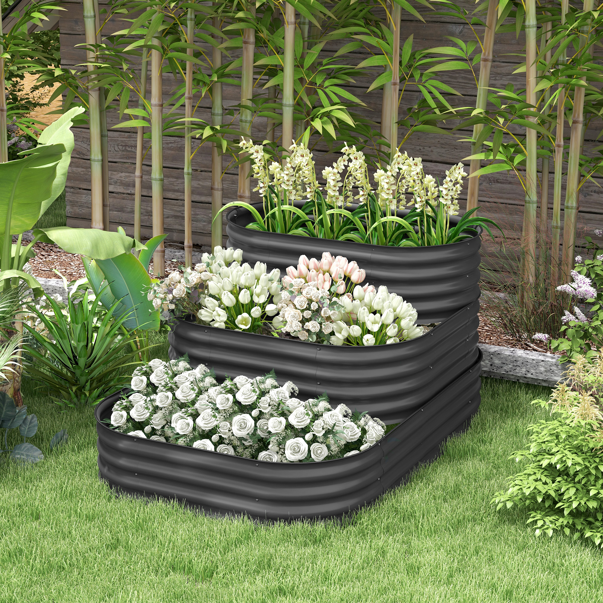 Outsunny Quadratisches Gartenhochbeet mit offenen Boden 3 Etagen für Kräuter Gemüse Obst Blumen 158 x 109 x 82 cm grau