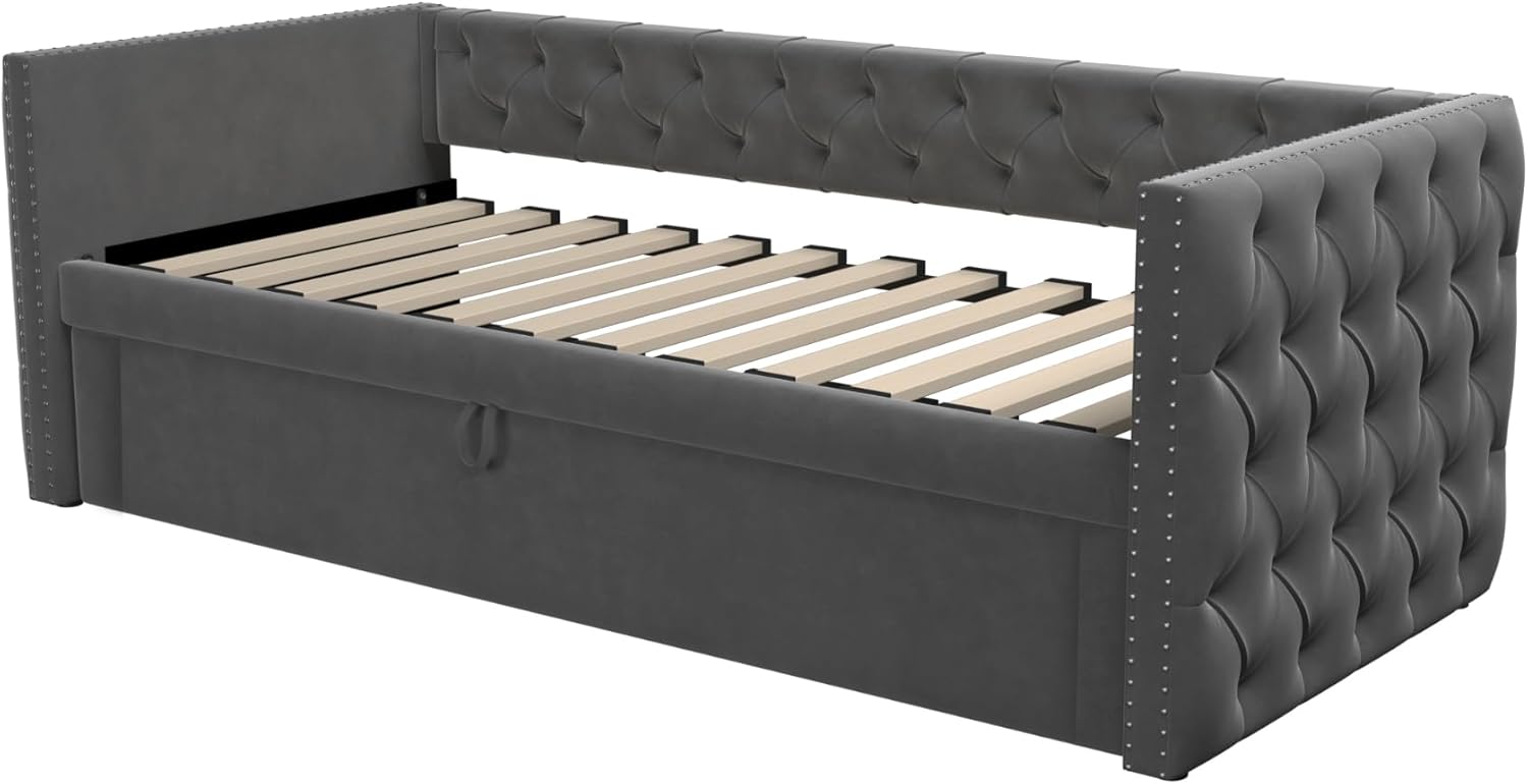 Polsterbett Ausziehbares Schlafsofa 90/180 * 200 cm mit Lattenrosten, Multifunktionsbett aus hautfreundlichem Samtstoff Dunkelgrau，Klassische Vollform mit Knöpfen