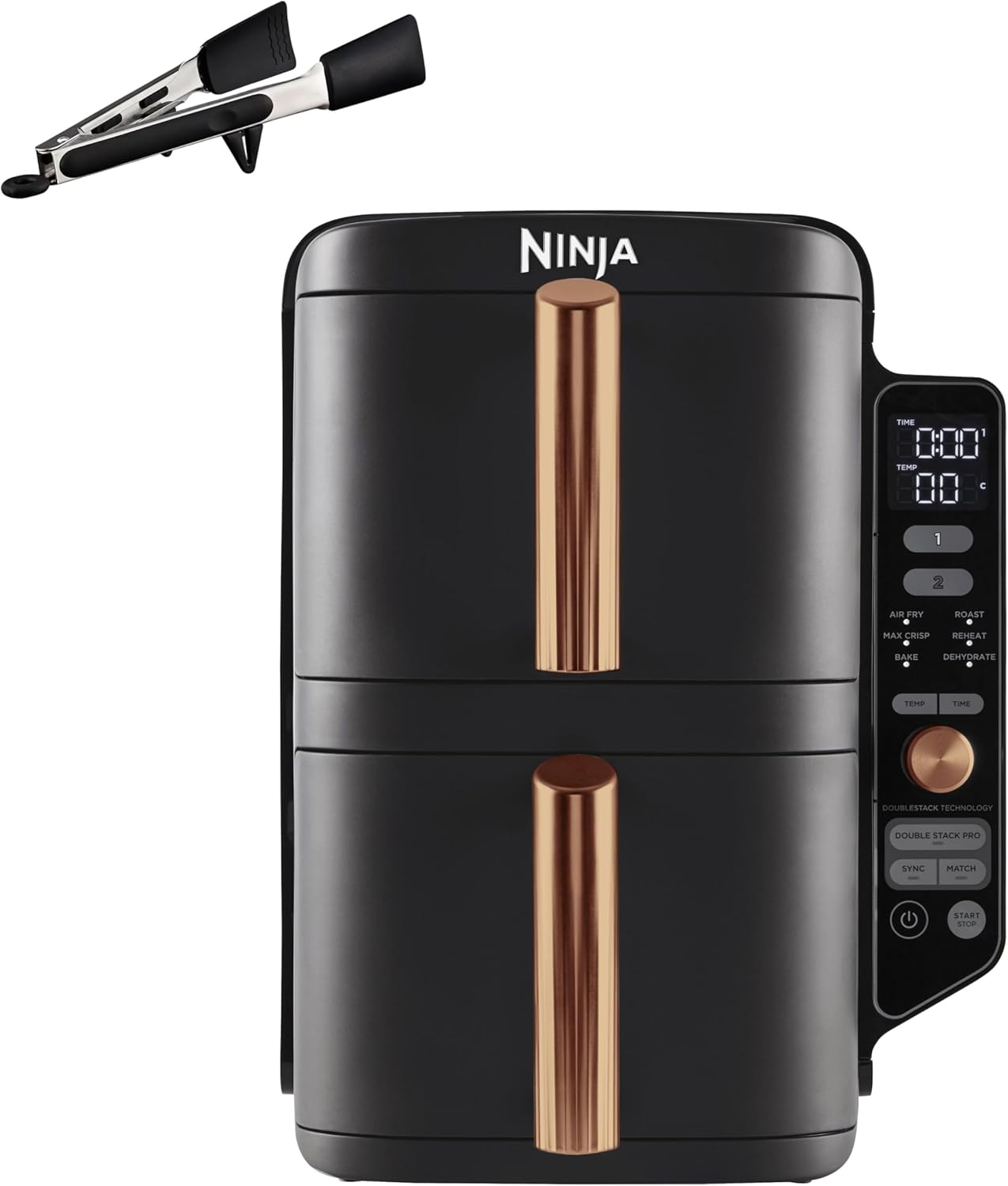 Ninja Double Stack XL Friggitrice ad Aria Verticale, Doppia Zona, 4 Livelli, 2 Scomparti, 2 Griglie, Capienza 9.5L, 6 Funzioni, 8 Porzioni, Parti Lavabili in Lavastoviglie, Pinze, Nero/Rame, SL400EUCP