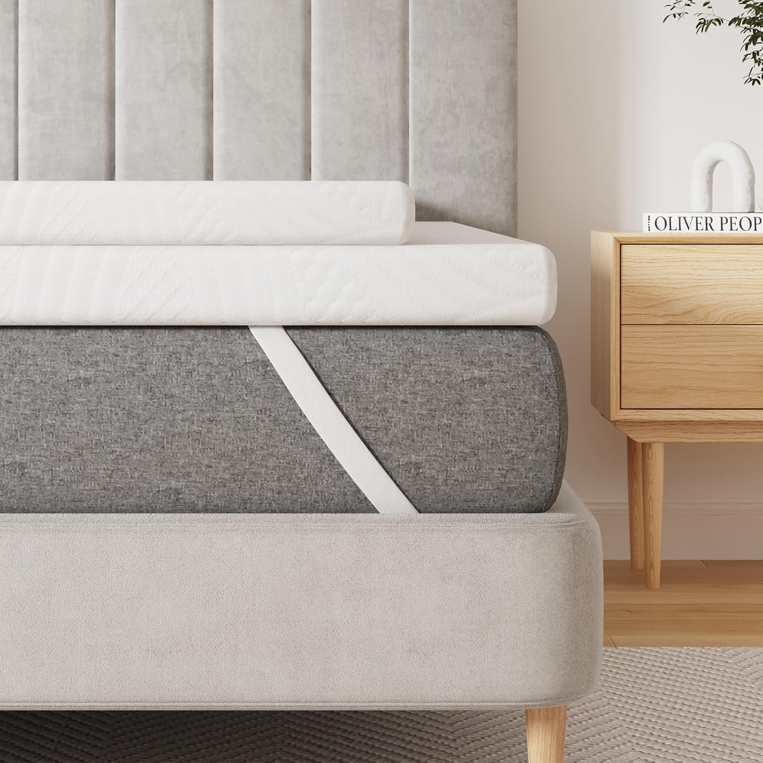 Novilla Topper 160x190, Topper Matrimoniale in Schiuma di Fibra di Bambù a Doppio Strato 7.5cm, Topper Eccellente Assorbente e Traspirante con 4 Angoli Dotato di Cinghie Elastiche Antiscivolo