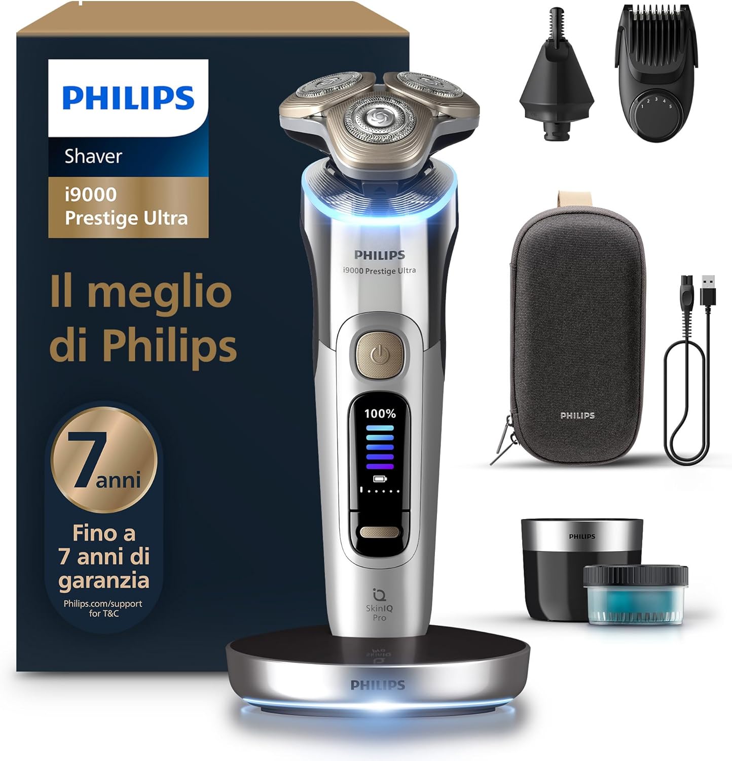 Shaver i9000 Prestige Ultra, rasoio elettrico Wet & Dry, tecnologia Skin IQ Pro, triplo sistema Lift & Cut, lame di precisione NanoTech 360º, 5 modalità di rasatura, moo XP9404/38